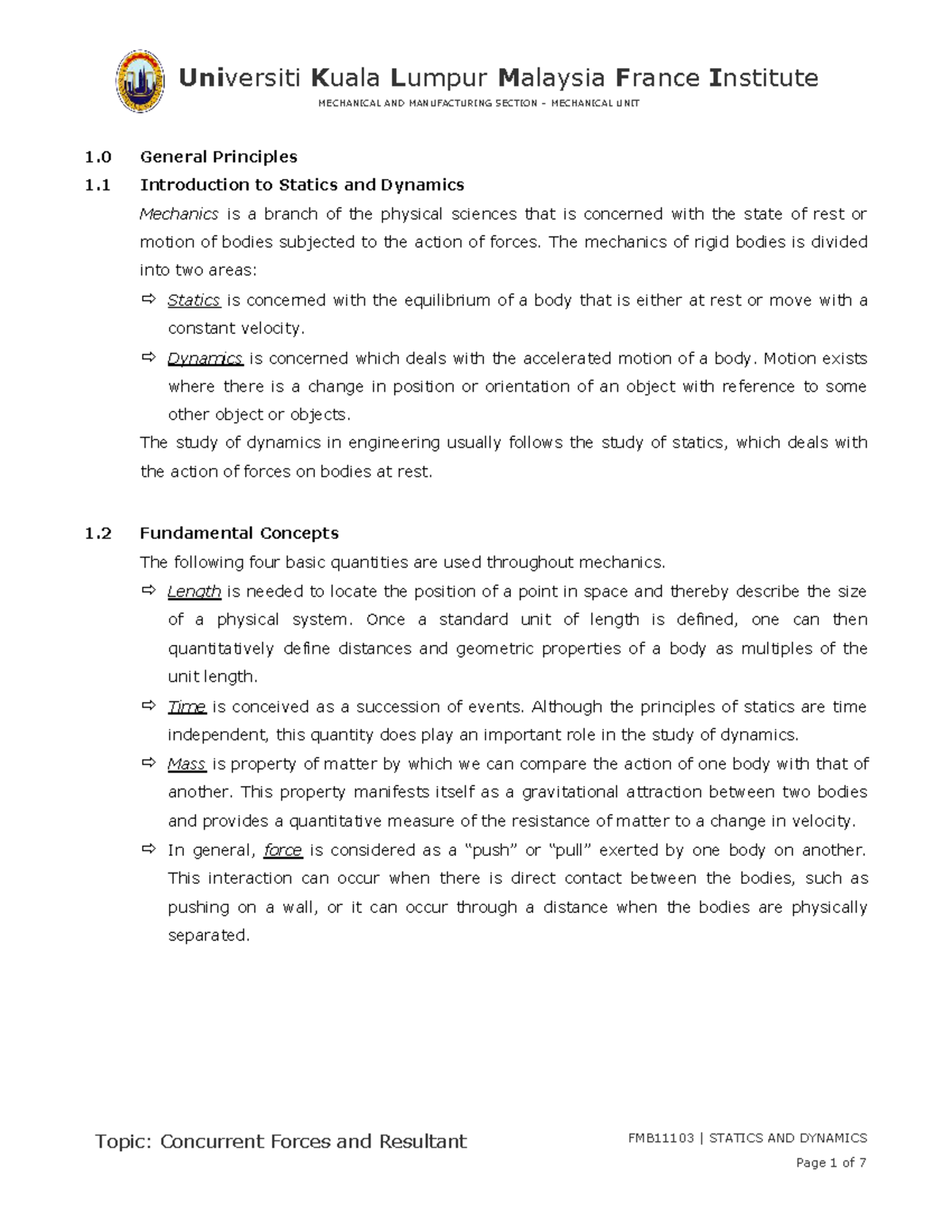Mechanical Engineering Unit 1: Statics & Dynamics Overview - Studocu