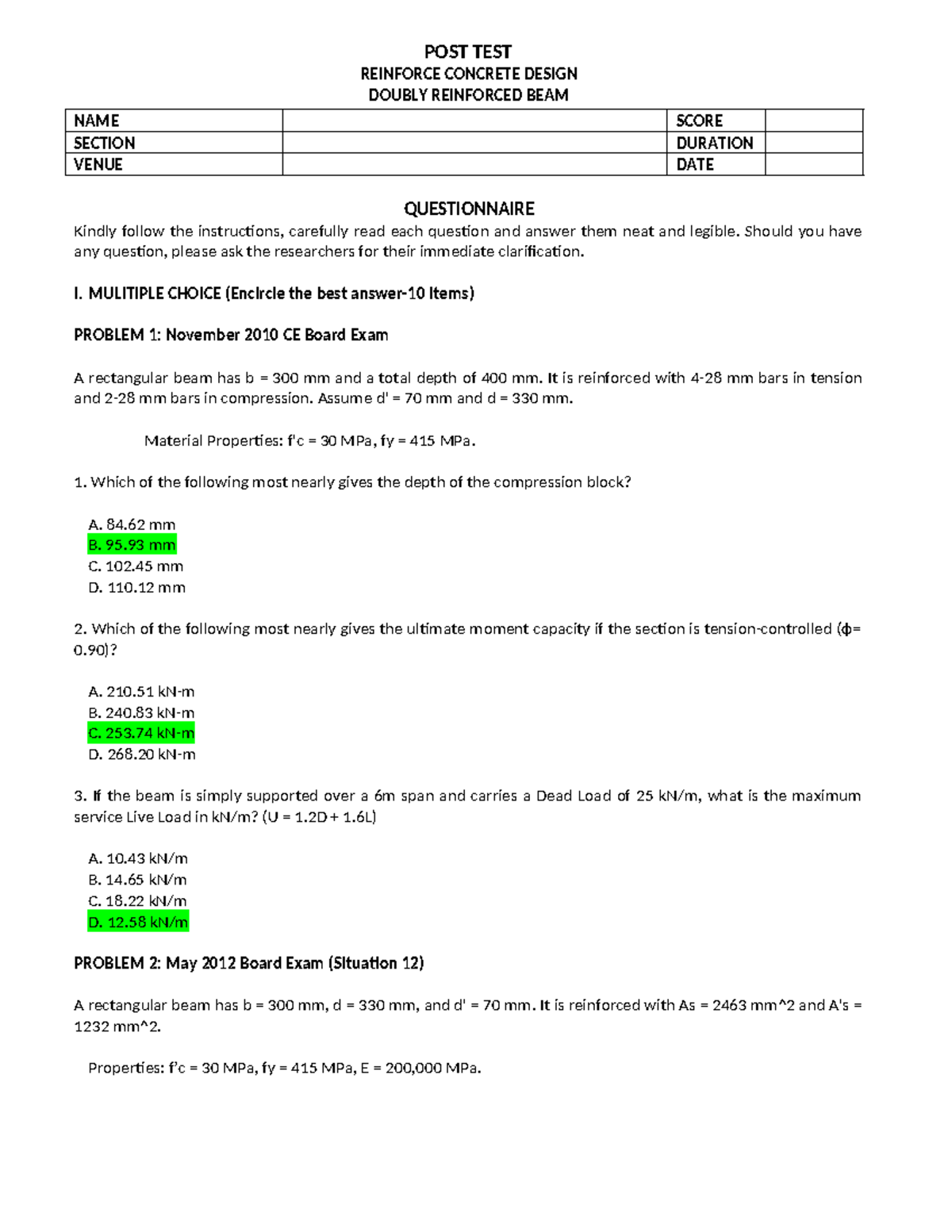 DRB - Final Exam: Reinforced Concrete Design Doubly Reinforced Beam ...