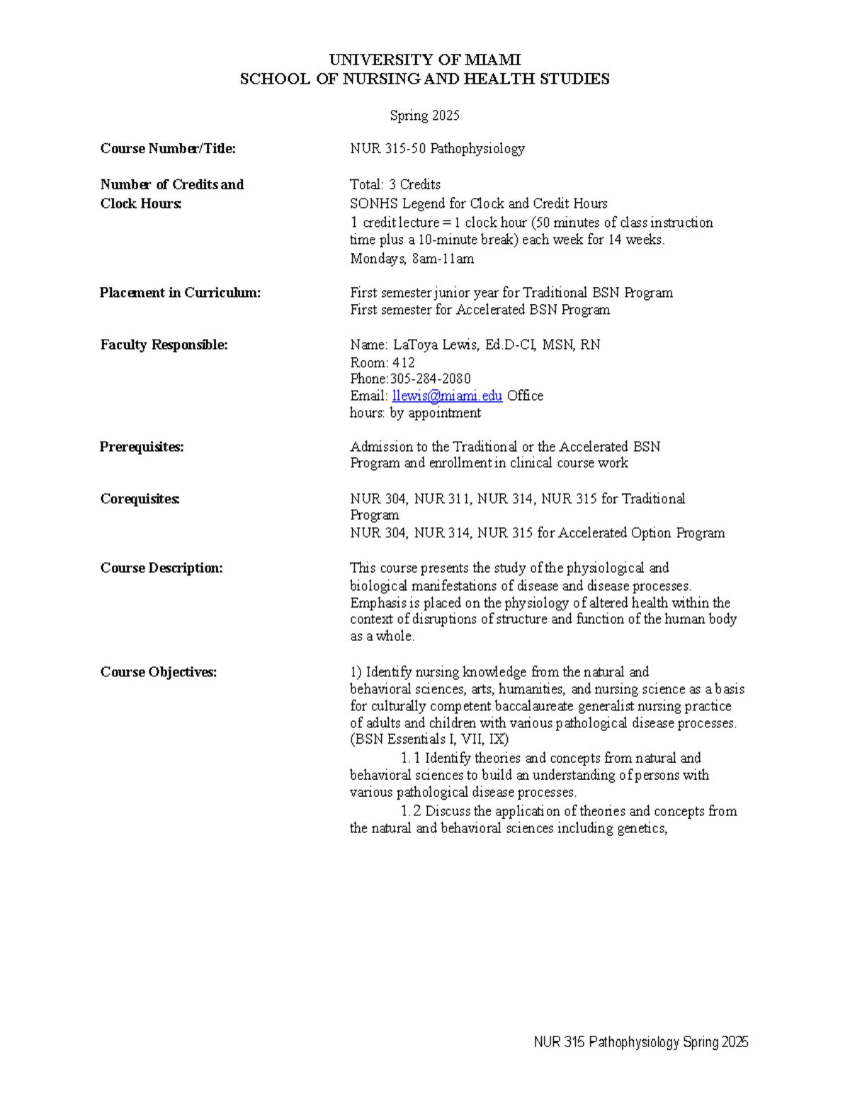 NUR 315 Pathophysiology Spring 2025 Syllabus Overview - Studocu