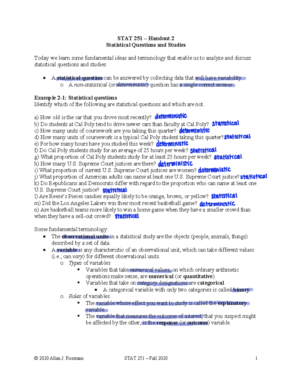 STAT 251 - Handout 2: Analyzing Statistical Questions & Studies - Studocu