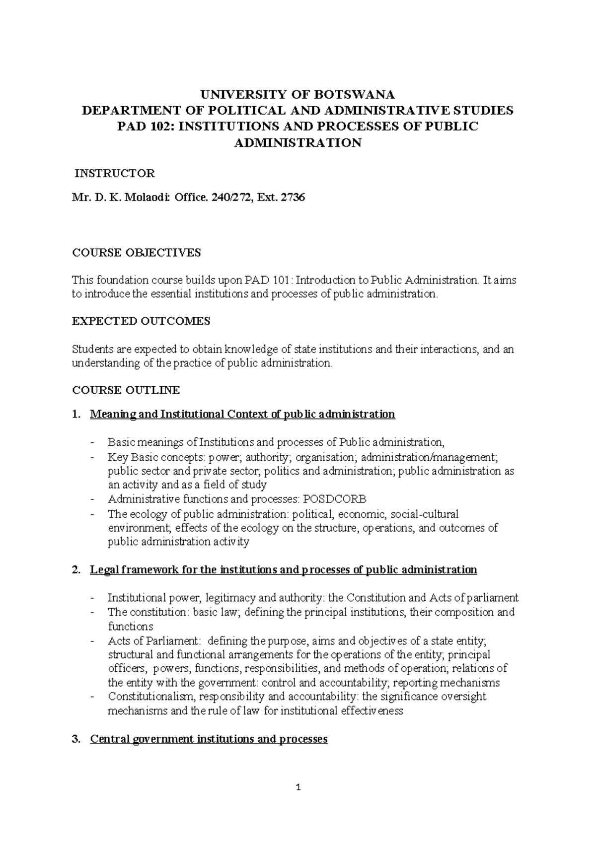 PAD 102: Institutions & Processes of Public Administration Outline ...