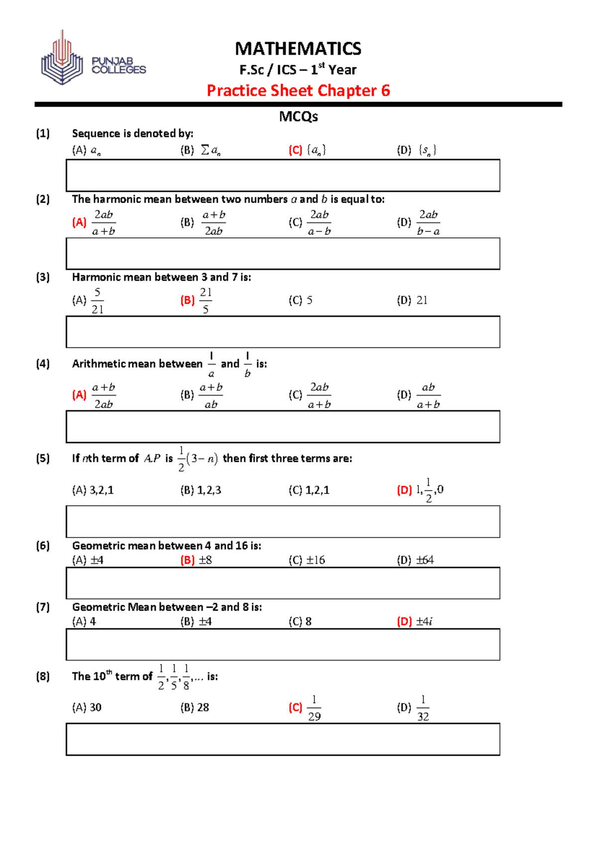 Mathematics F.Sc ICS 1st Year Practice Sheet: Chapter 6 MCQs - Studocu
