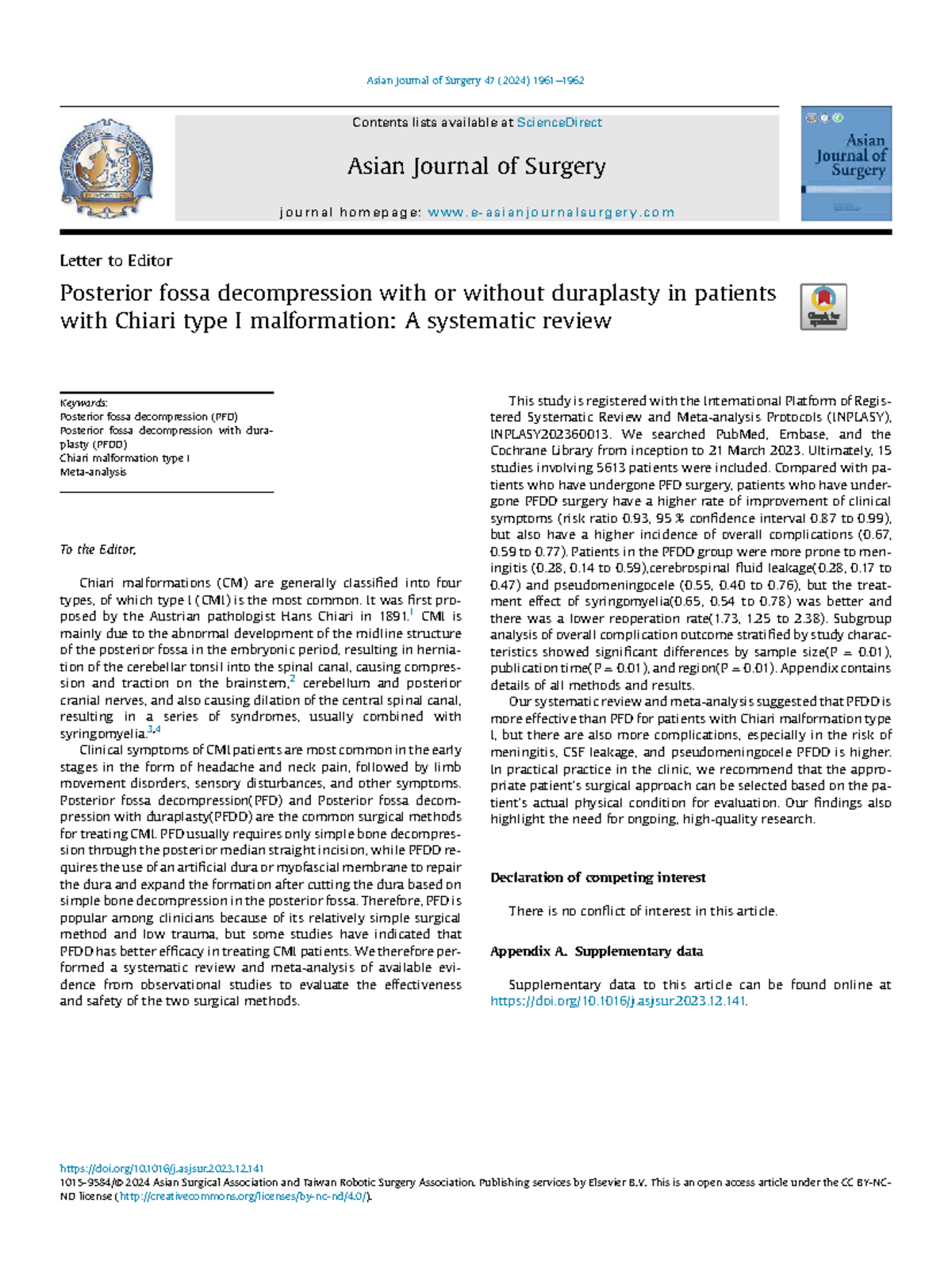 Systematic Review of PFD vs PFDD in Chiari Malformation Type I - Studocu