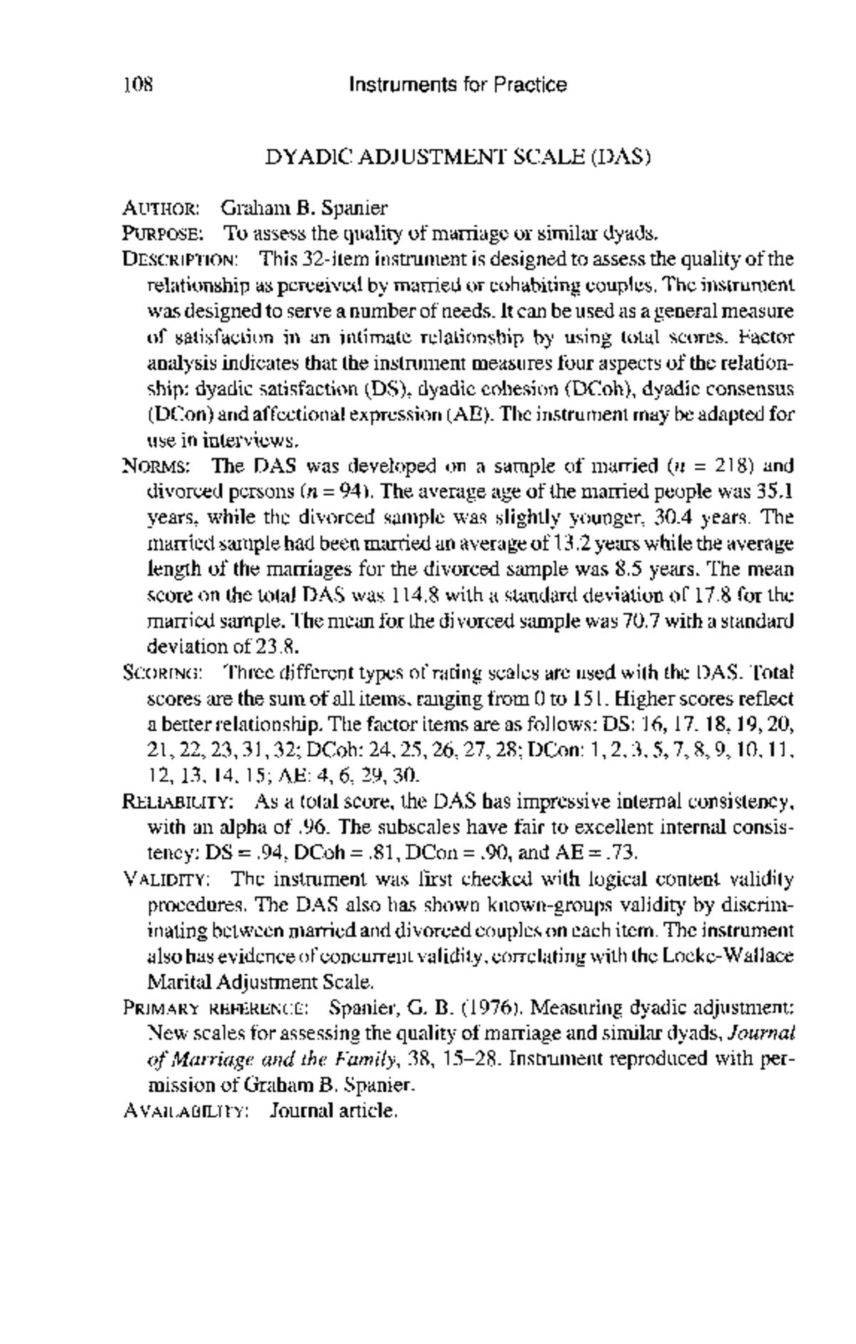108 Instruments for Practice: Dyadic Adjustment Scale (DAS) Overview ...