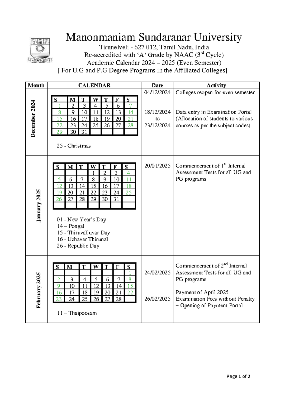 Academic Calendar 2024-25 (Even Sem) for U.G & P.G Programs - Studocu