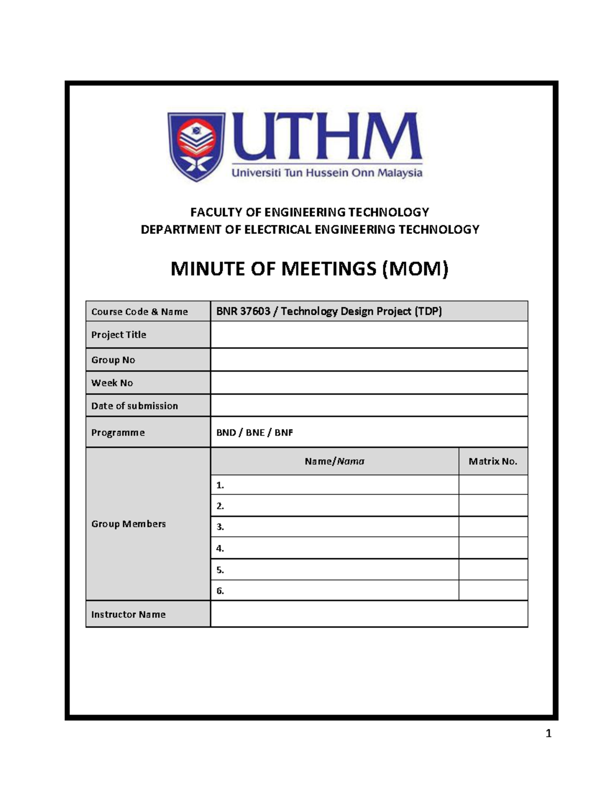 BNR 3760 3 MOM Format for Technology Design Project Meetings - Studocu