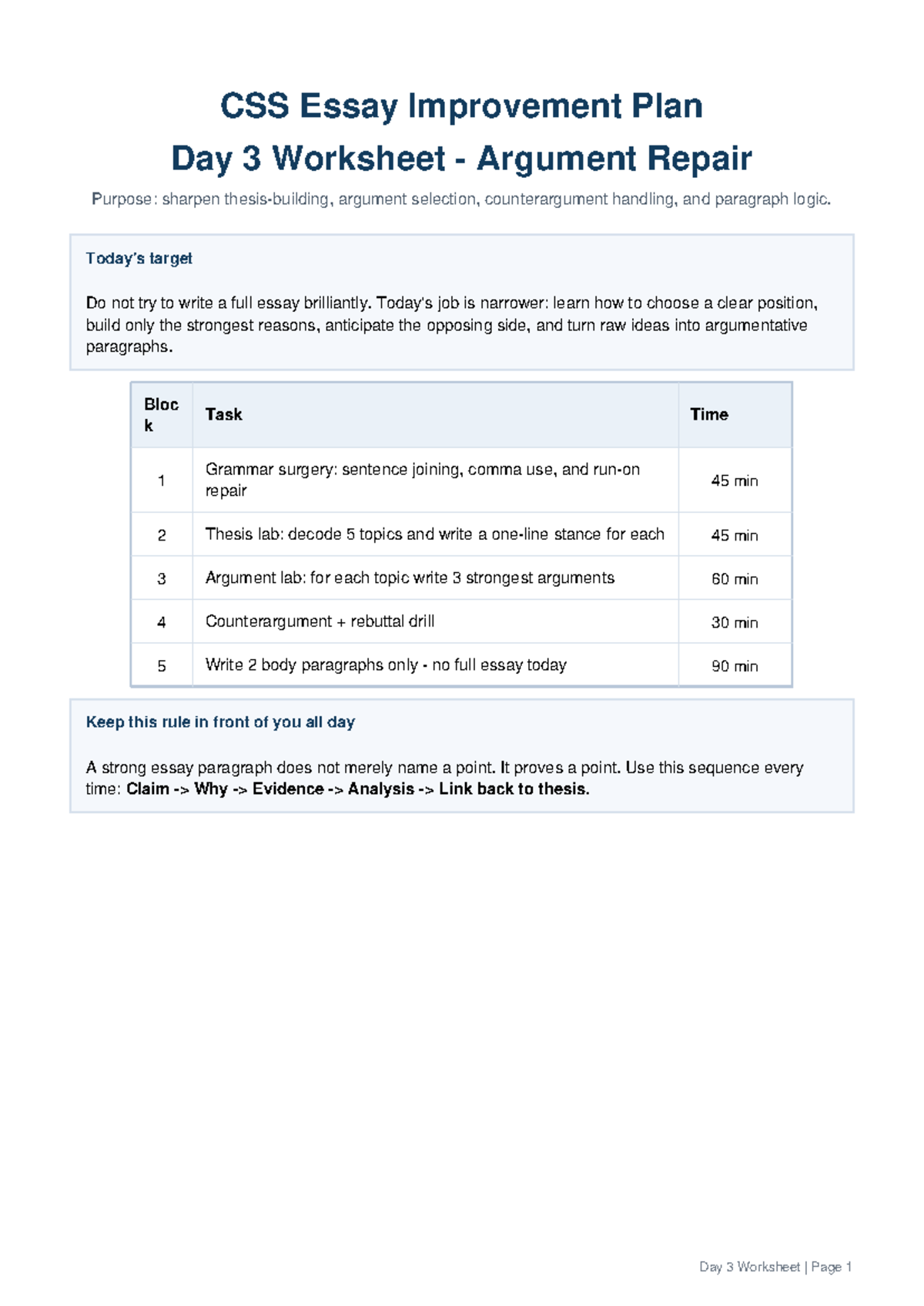 CSS Essay Improvement Plan: Day 3 Worksheet & Exercises - Studocu