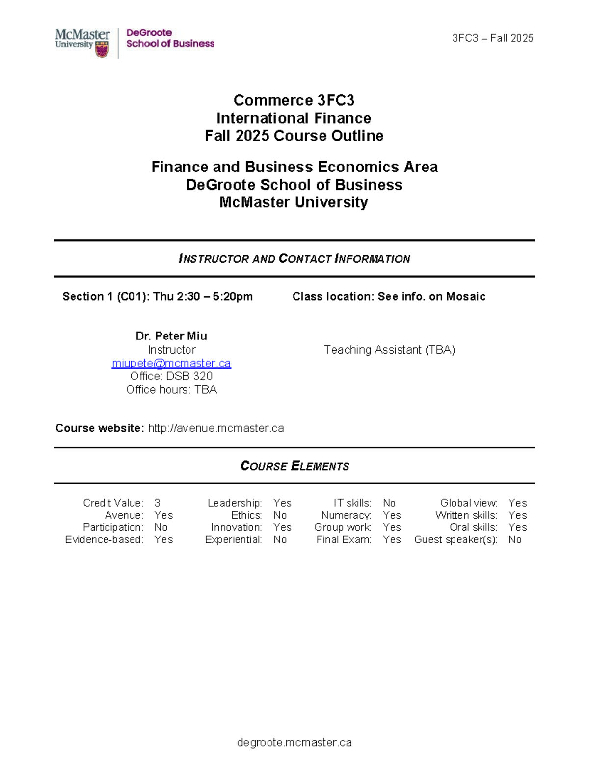 3FC3 Fall 2025 International Finance Course Outline and Schedule - Studocu