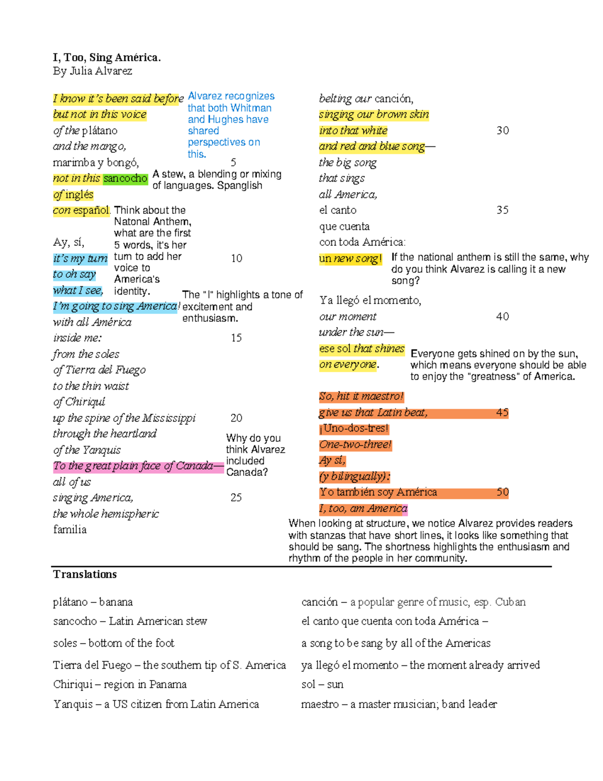I, Too, Sing América: Julia Alvarez Annotation Notes - Studocu