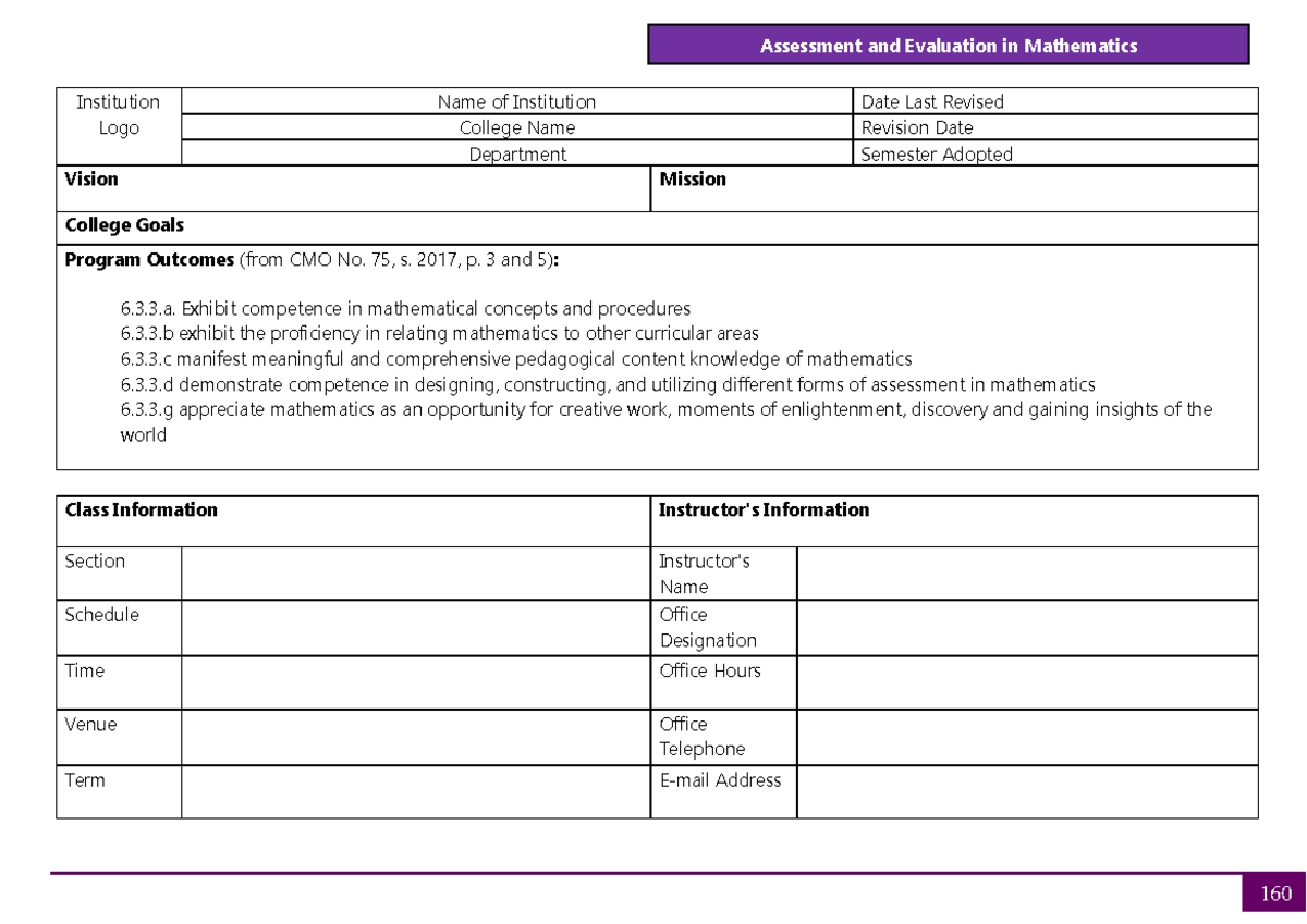 Assessment and Evaluation in Mathematics Syllabus (Course Code ...