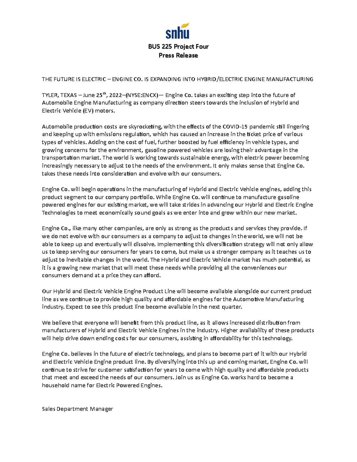 Bus 225 Project Four Press Release On Ev Engine Market Expansion