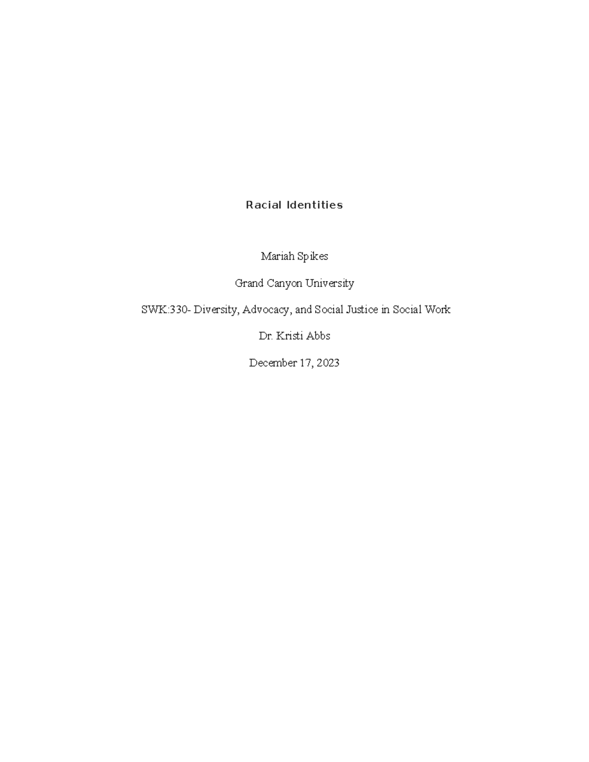SWK:330 - Essay on Racial Identities and Development in Social Work ...