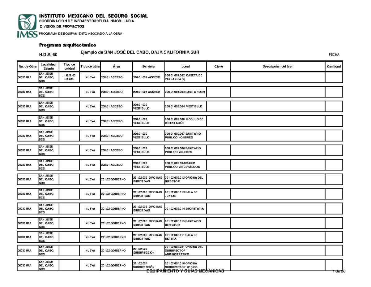 Programa arquitectónico para Hospital de 60 Camas en BCS - H.G.S. 60 - Document Preview
