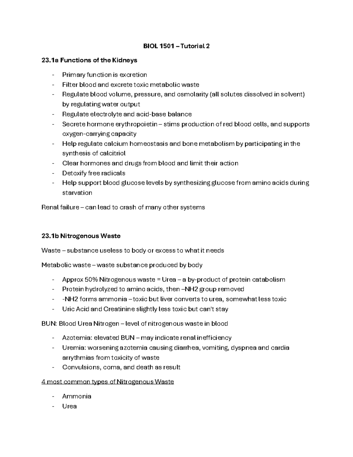 BIOL 1501 – Tutorial 2: Functions and Anatomy of the Kidneys - Studocu