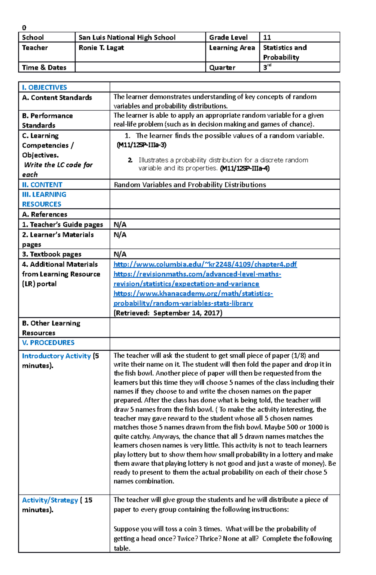 M11/12SP-IIIa-3 to 4 - Lesson Plan on Random Variables and Probability ...