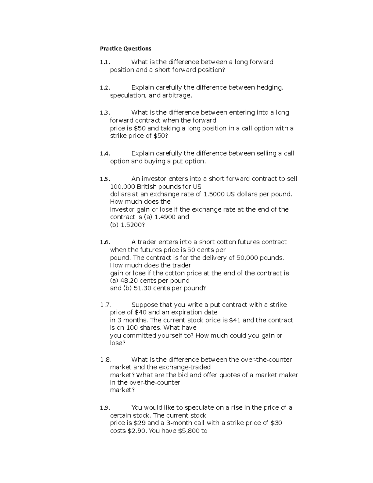 Practice Questions for Chapter 1: Forward Contracts and Options - Studocu