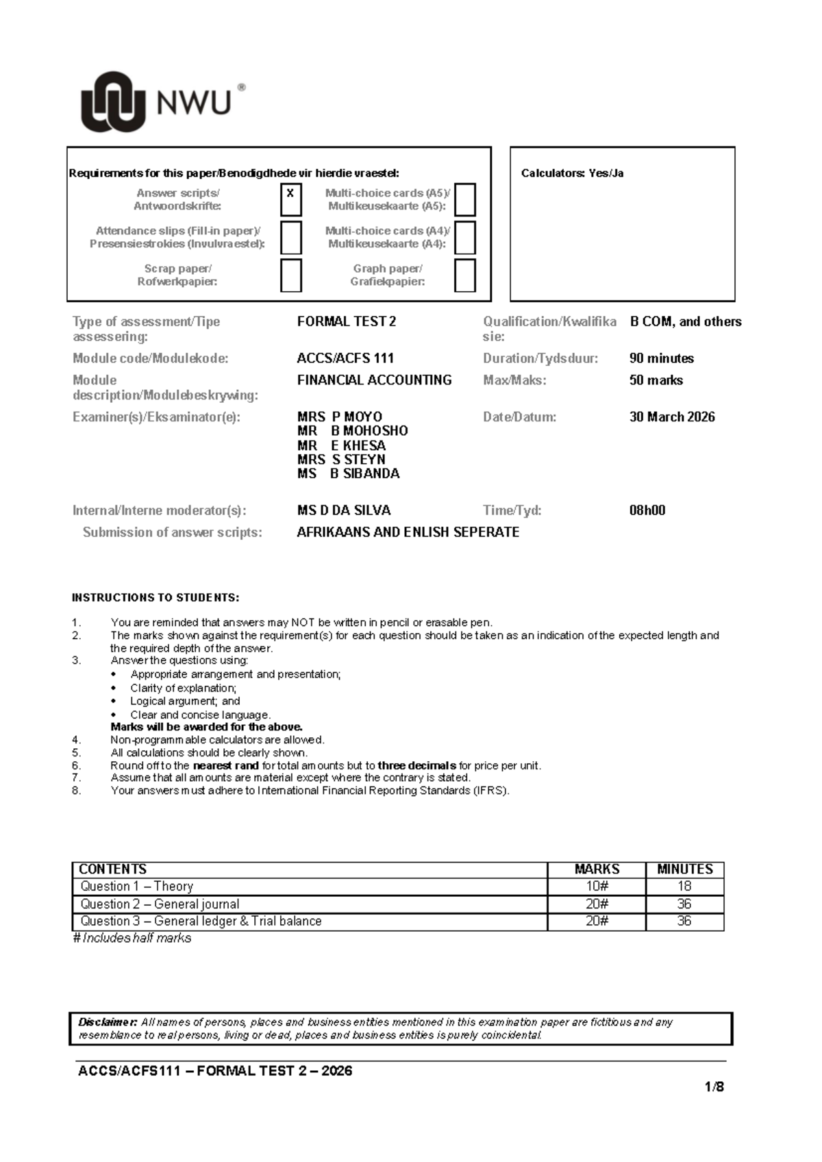 2026 ACCS111 Formal Test 2: Financial Accounting Requirements - Studocu