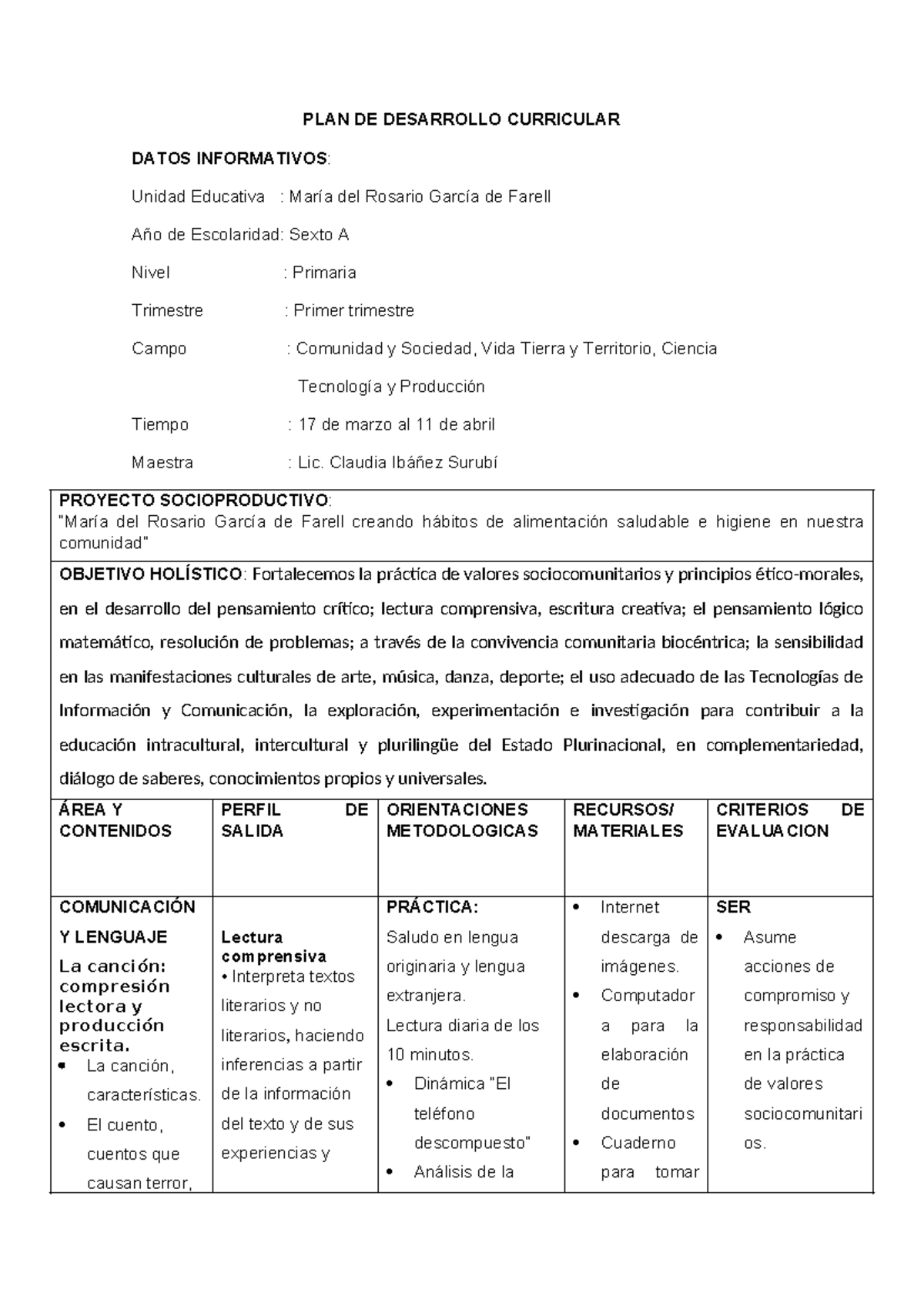 PDC - Plan de Clase para Sexto A (Marzo-Abril 2025) - Studocu