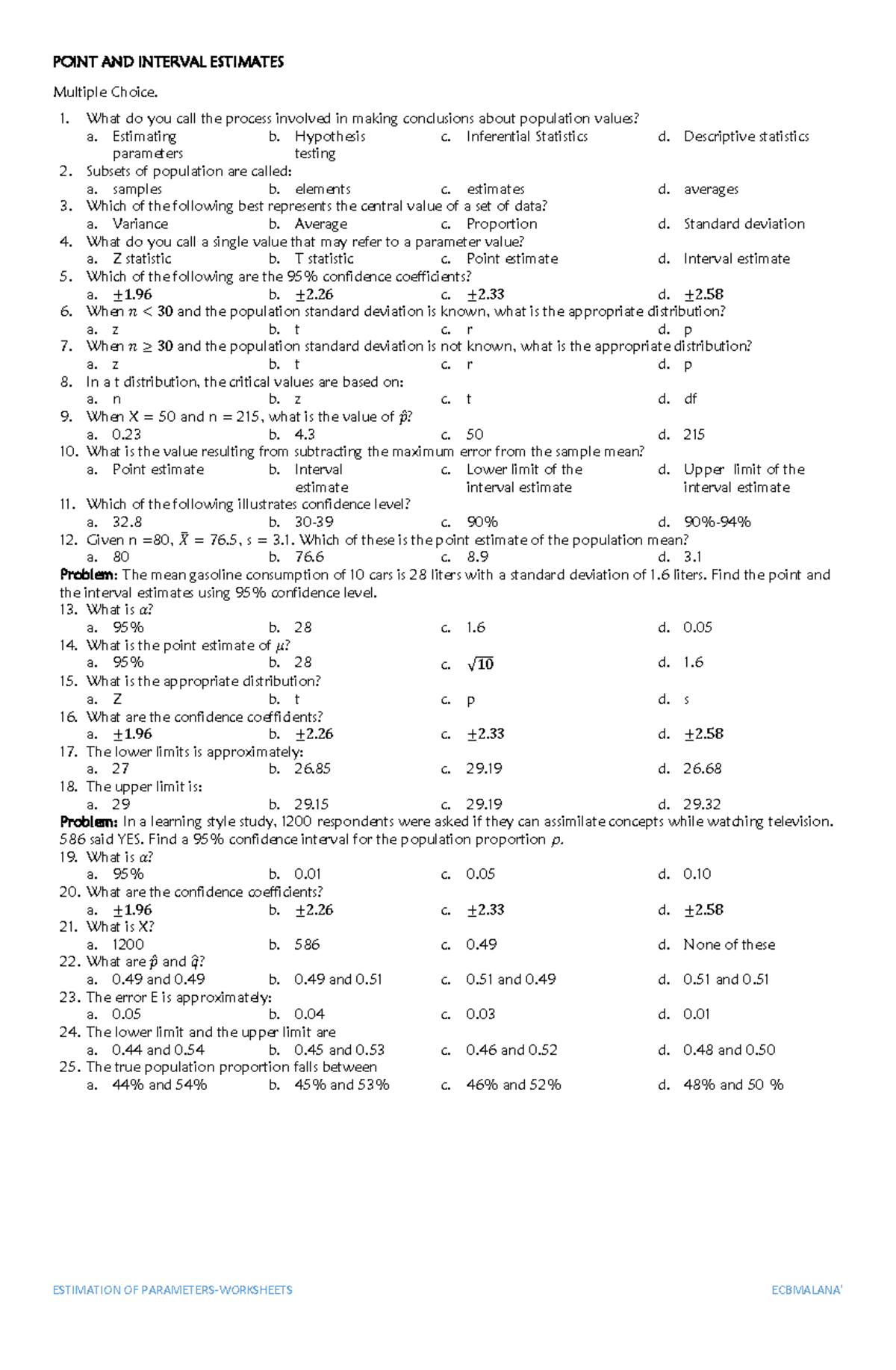 Estimation of Parameters: Confidence Intervals and Sample Size ...