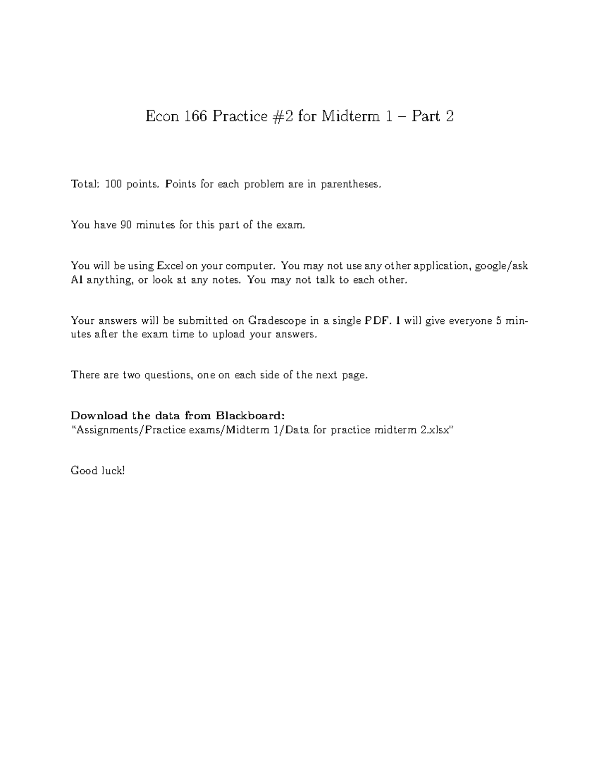 Econ 166 Midterm 1 Practice Exam Part 2: 100 Points Overview - Studocu