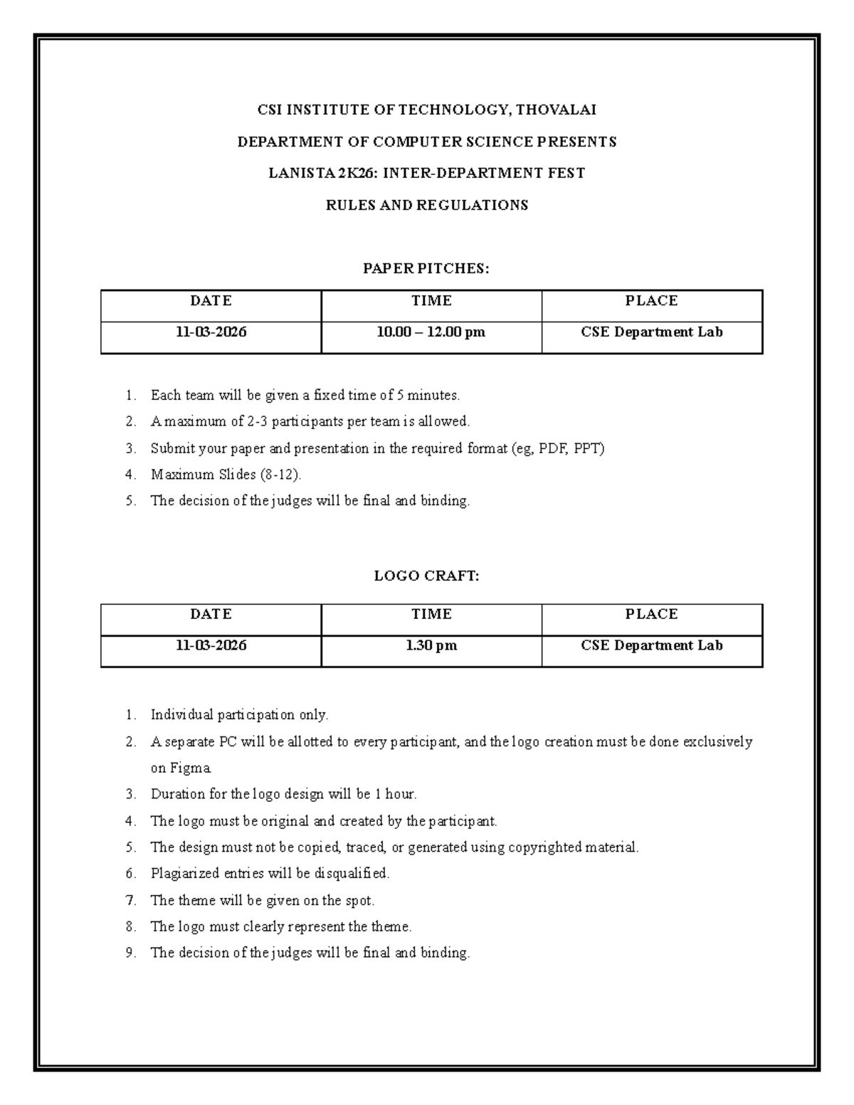 CSI INSTITUTE OF TECHNOLOGY: LANISTA 2K26 Fest Rules & Regulations ...