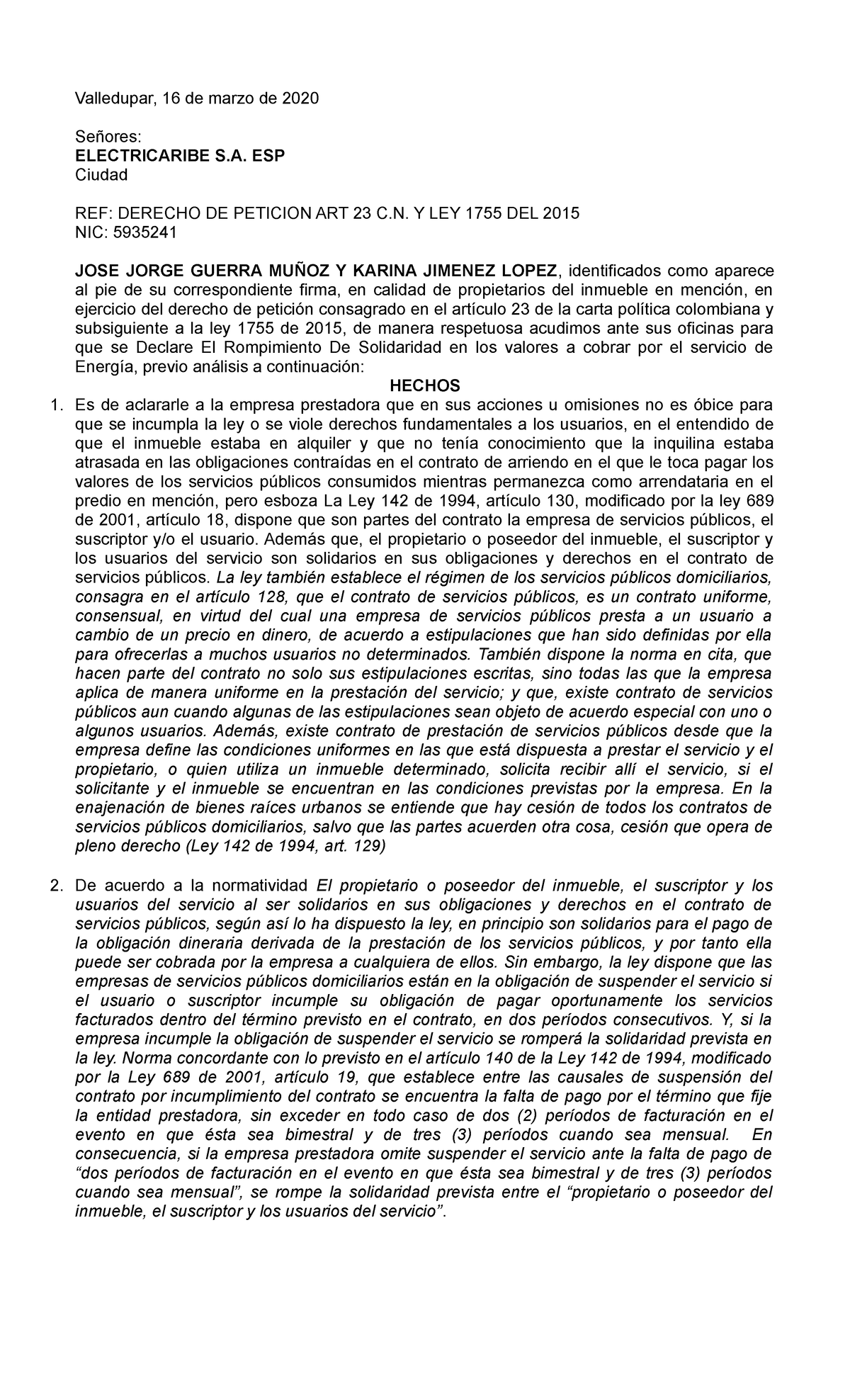 Derecho de Petición: Rompimiento de Solidaridad con Electricaribe - Document Preview