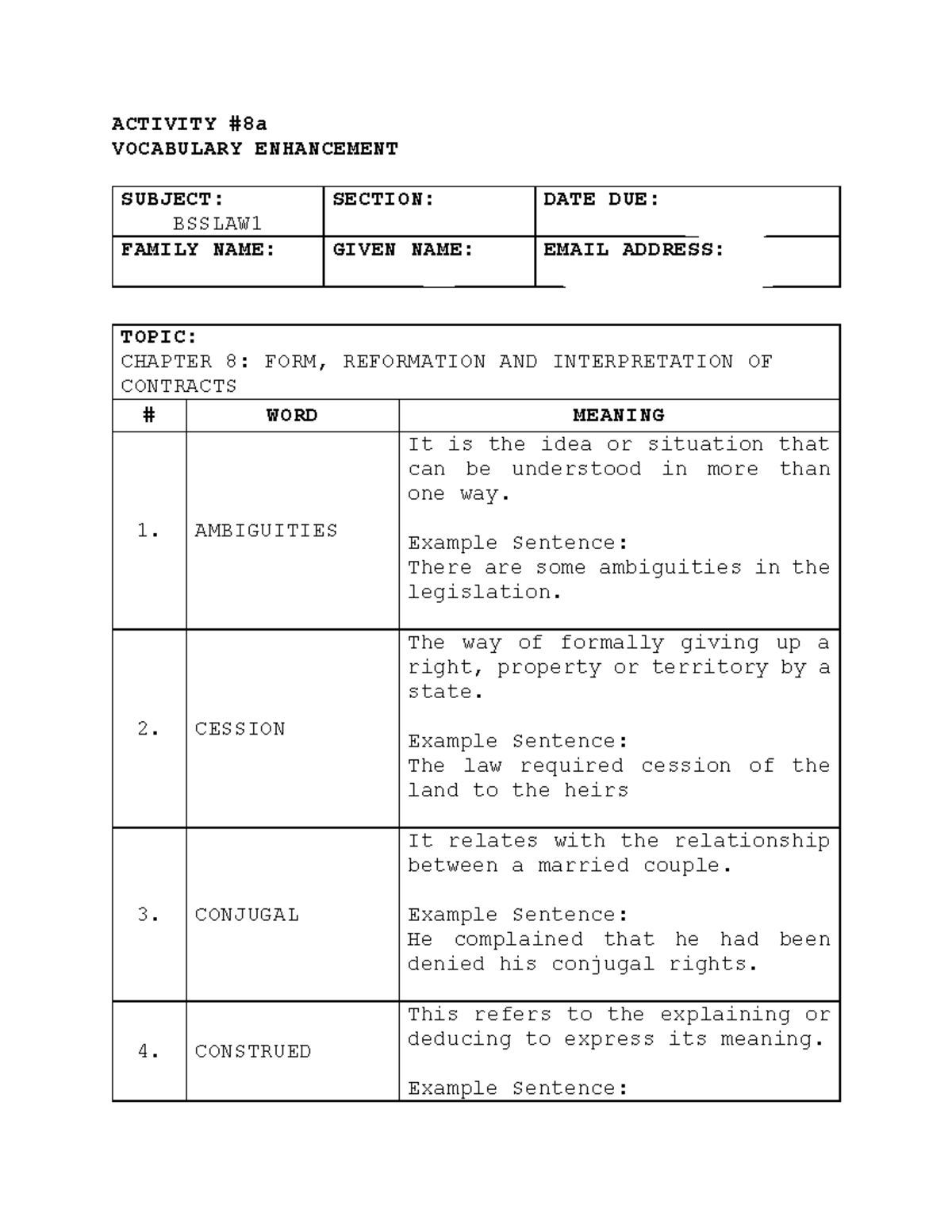 Activity 8a - For References and Self-Study - ACTIVITY #8a VOCABULARY ...