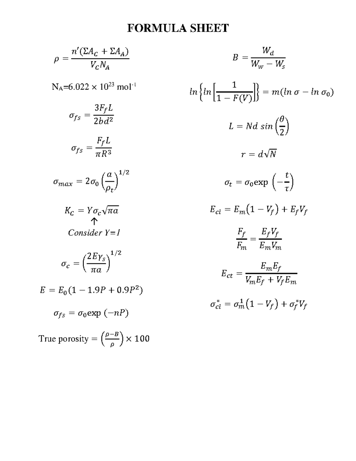MCG2142 Formula Sheet Midterm 2025 Winter Term - FORMULA SHEET 𝜌 = 𝑛 ...