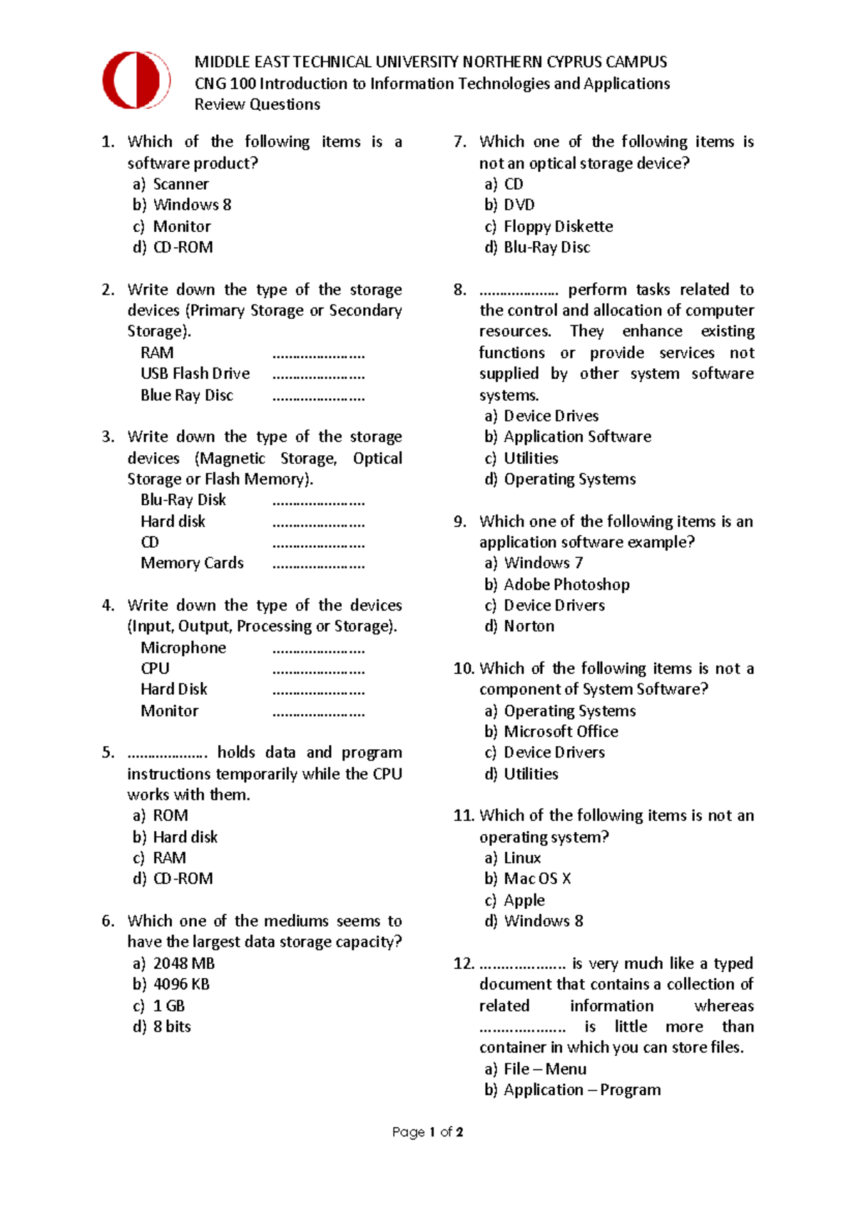 CNG 100 Final Exam Review Questions on Information Technologies - Studocu