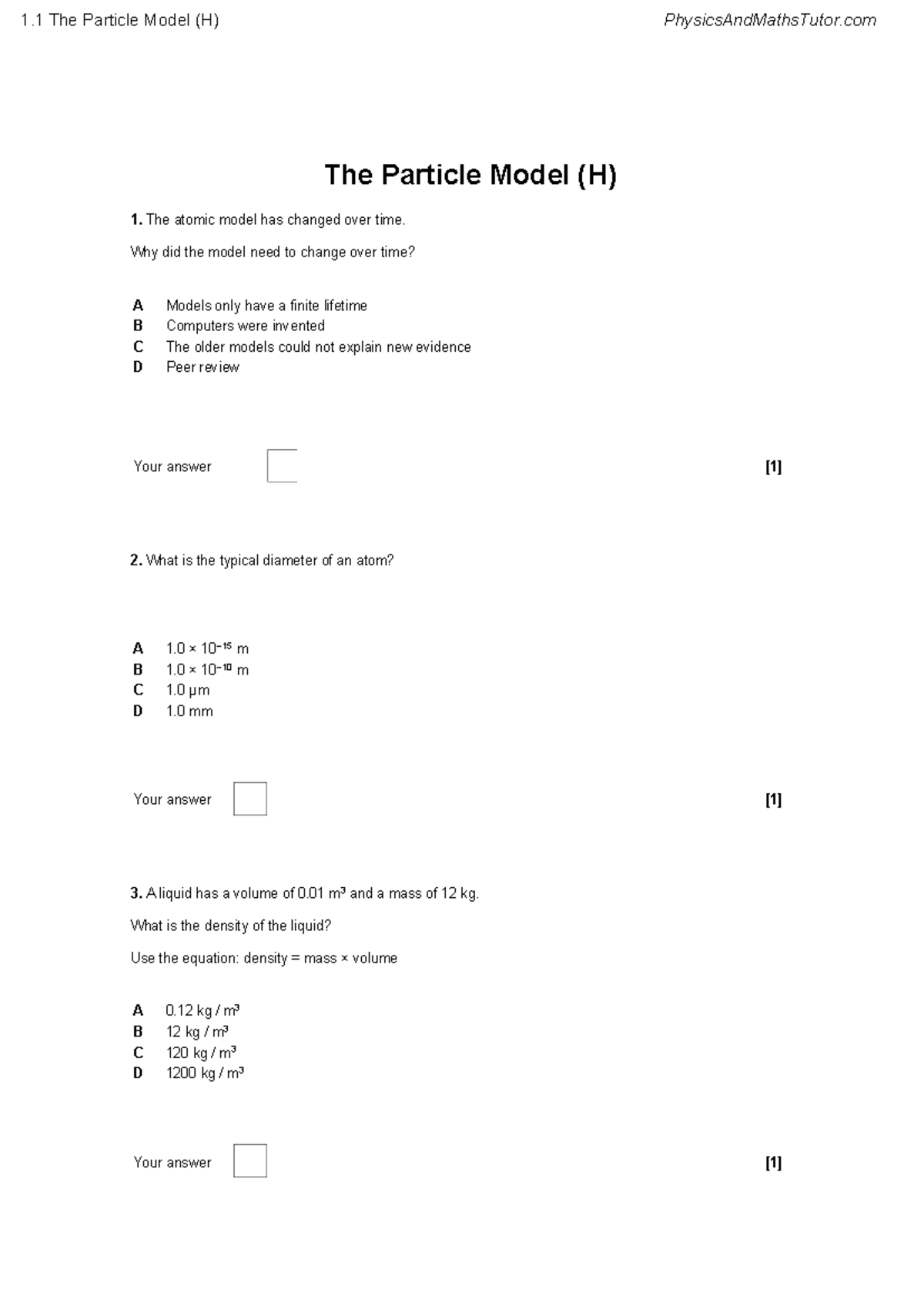 1.1 The Particle Model (H) Quiz Questions and Answers - Studocu