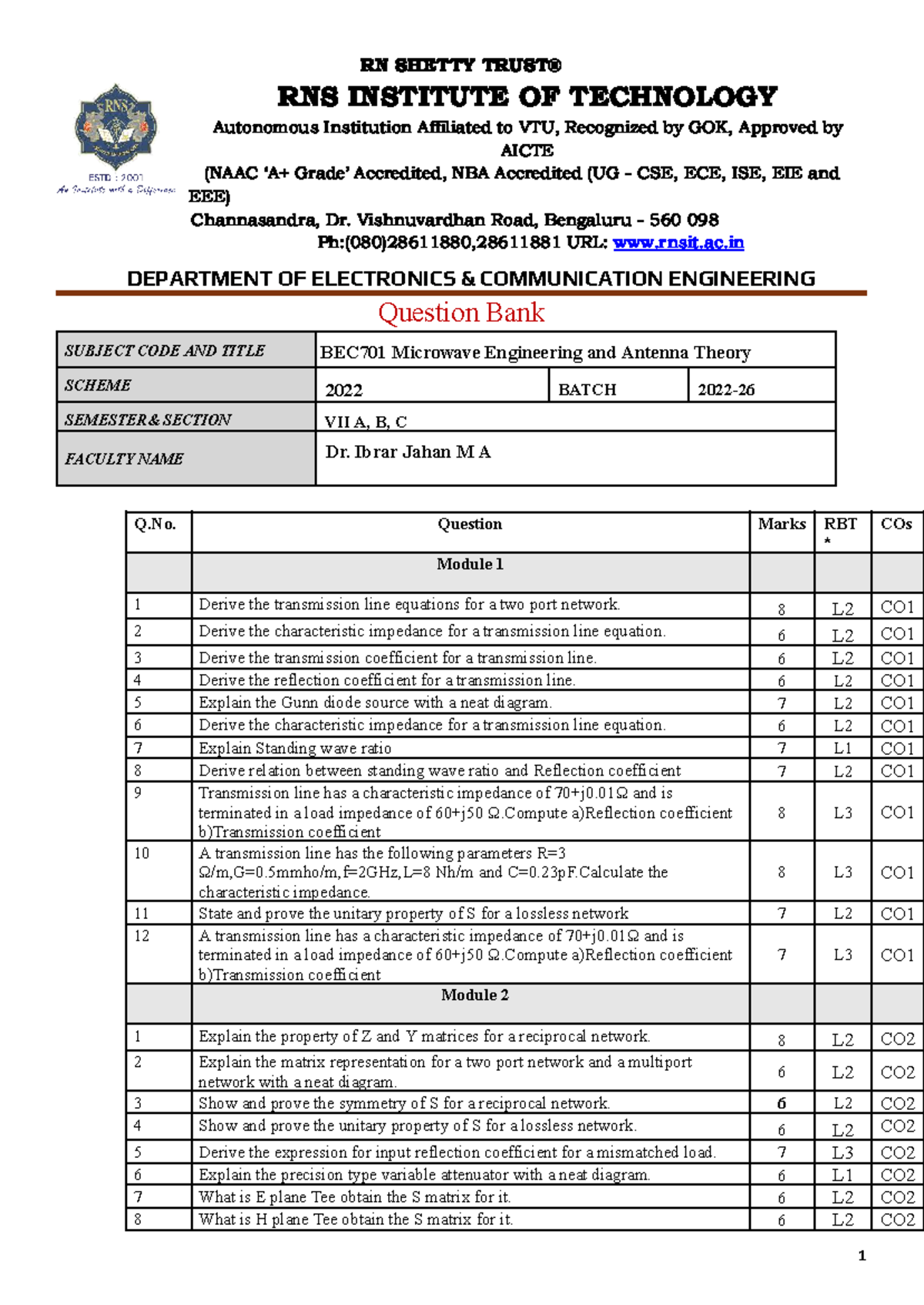 BEC701 Microwave Engineering and Antenna Theory Question Bank - Studocu