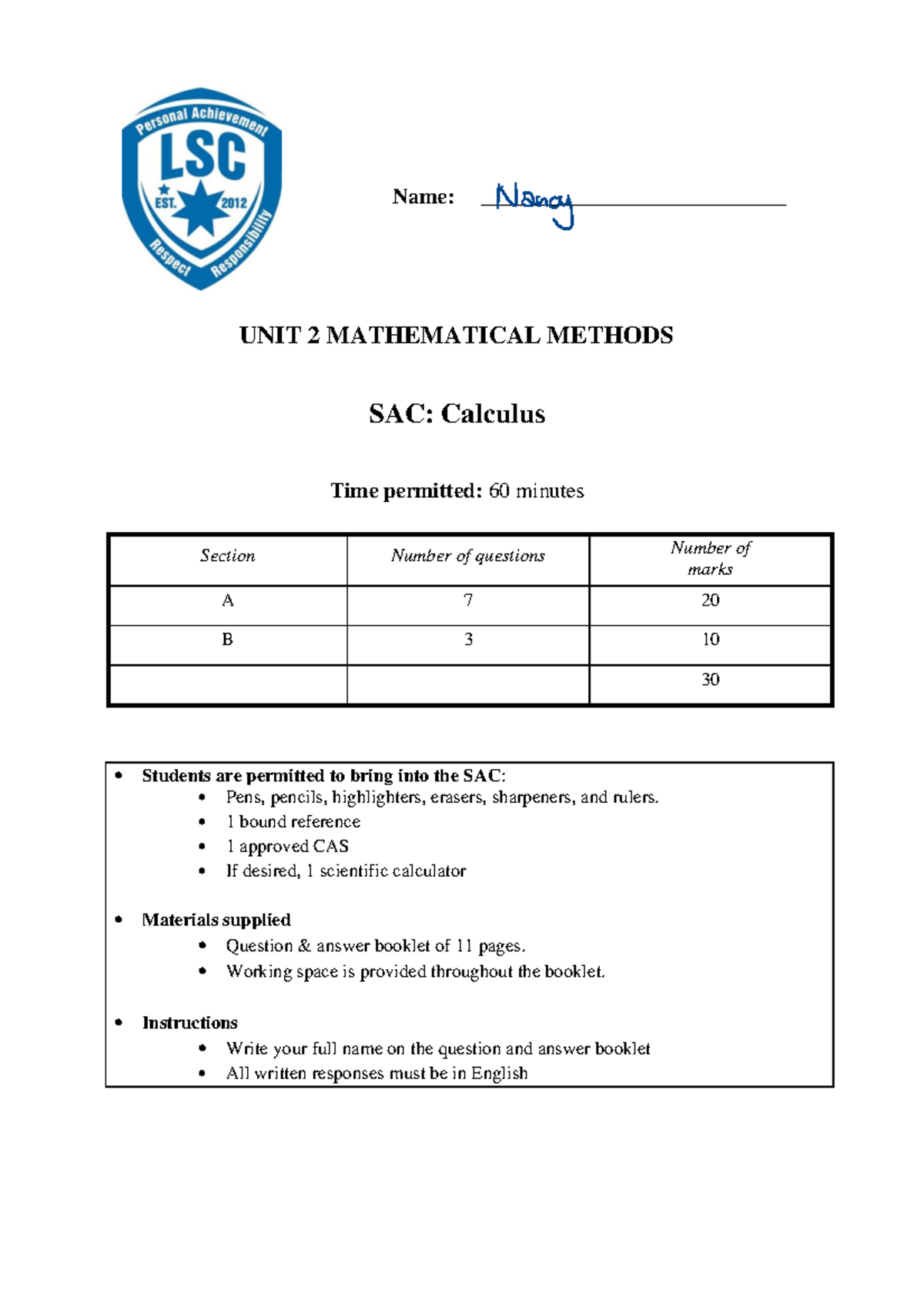 SAC4 Calculus 2021: Unit 2 Mathematical Methods Exam Guide - Studocu