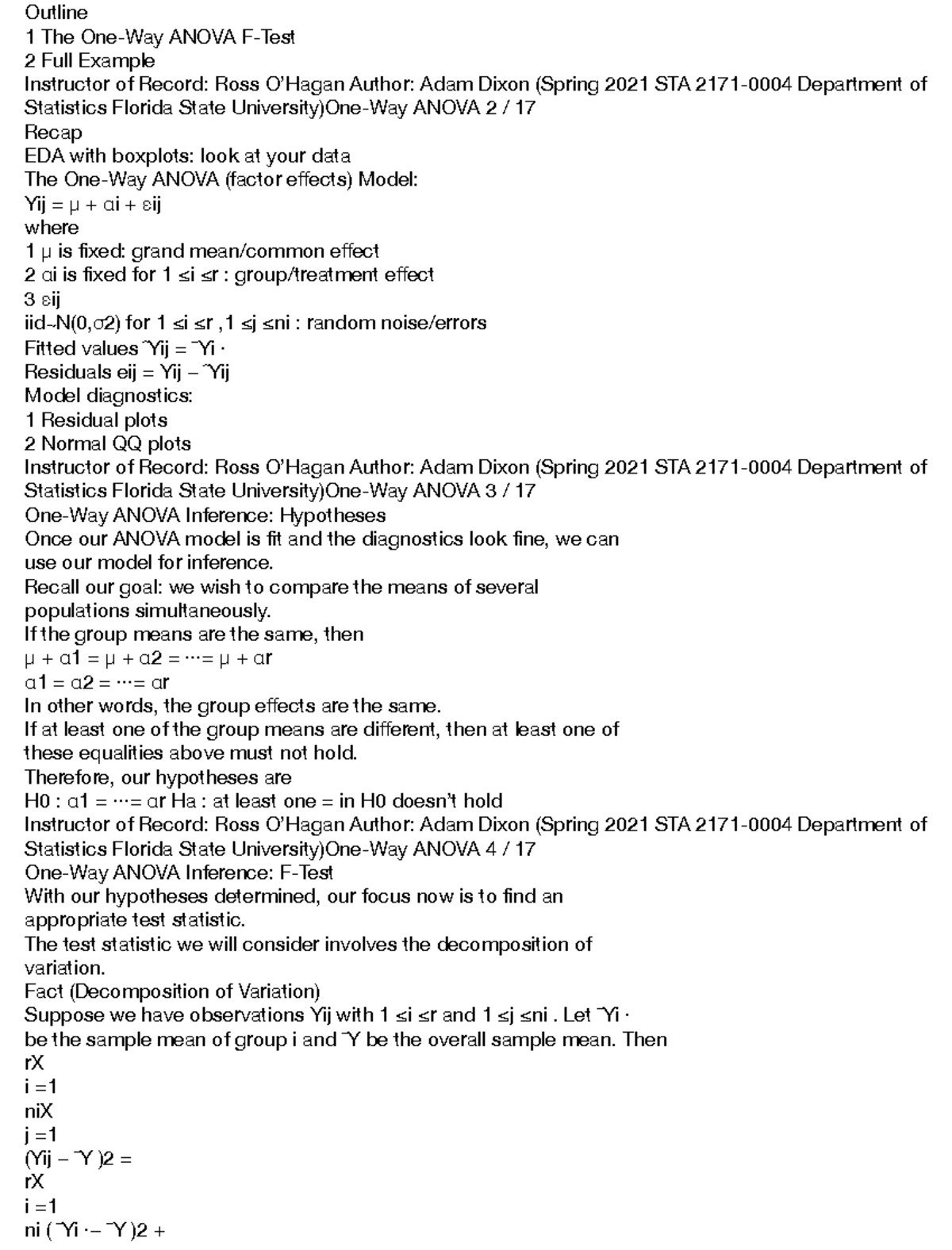 One-Way ANOVA Inference Notes - STA 2171-0004 (Spring 2021) - Studocu