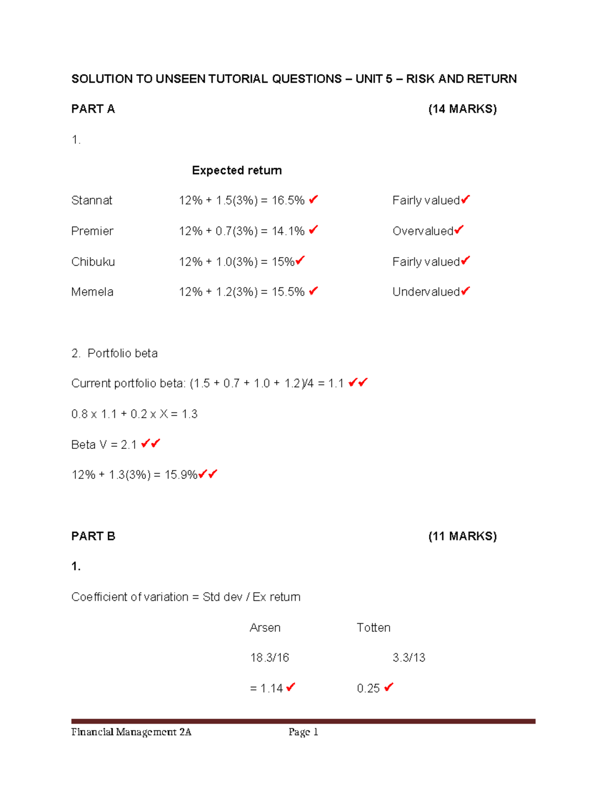 SOLUTION TO UNSEEN TUTORIAL QUESTIONS UNIT 5: RISK & RETURN - Studocu