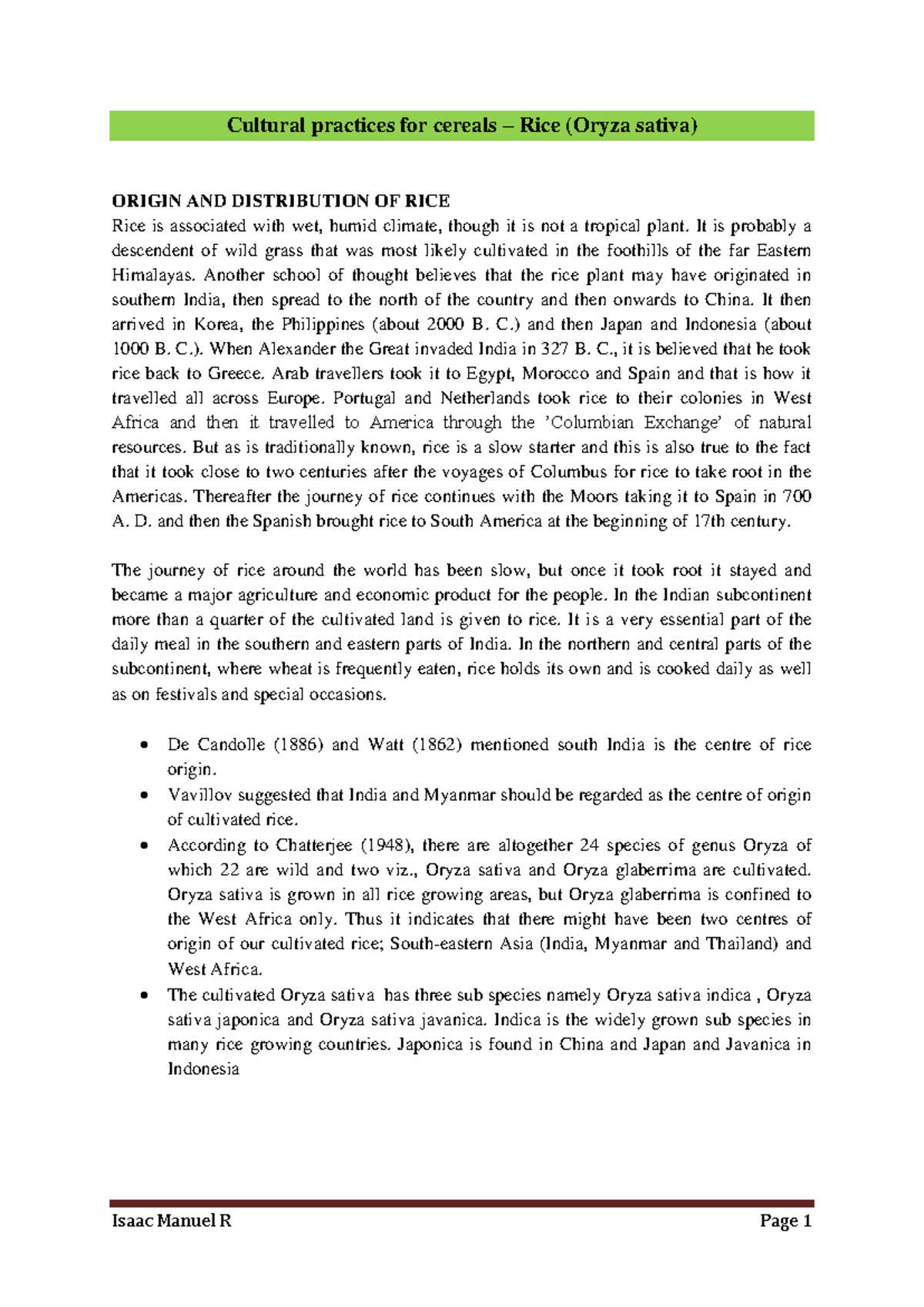 Cultural Practices and Importance of Rice - AGR 101 Notes - Studocu
