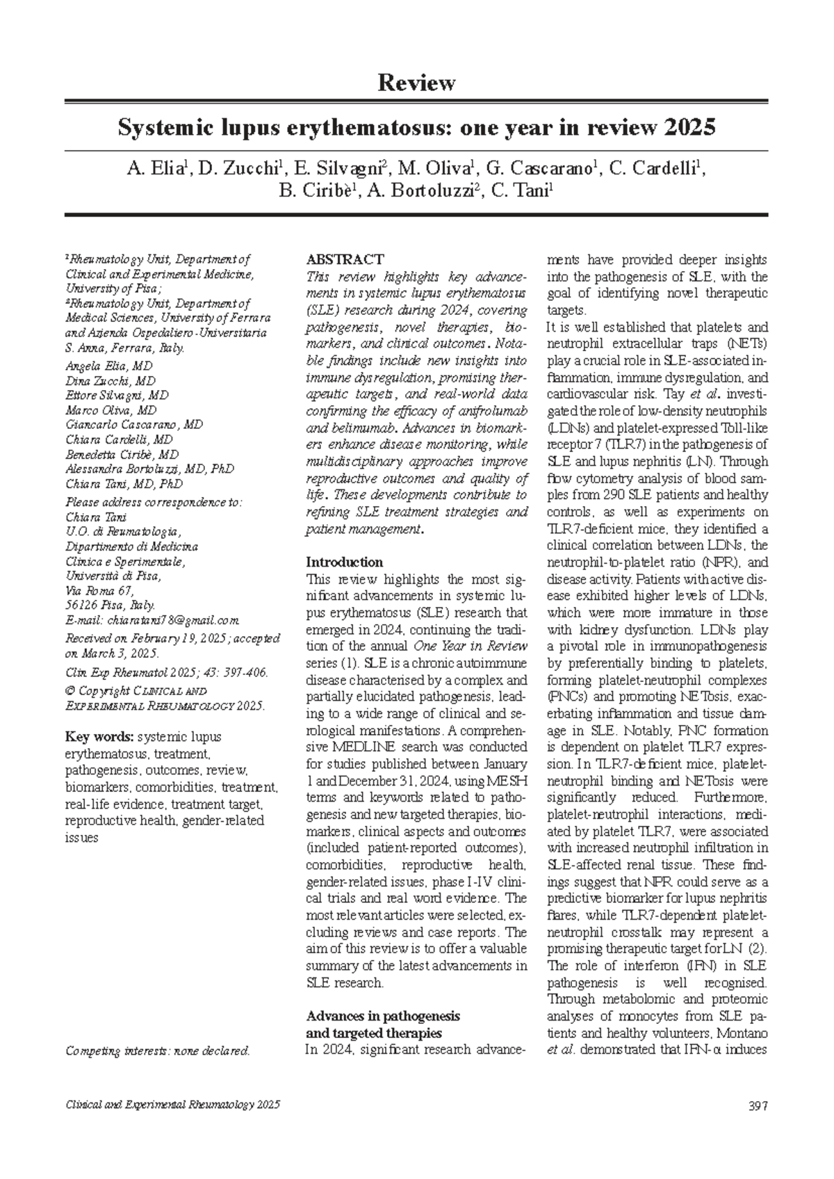 Systemic Lupus Erythematosus: One Year in Review 2025 (Clin Exp ...