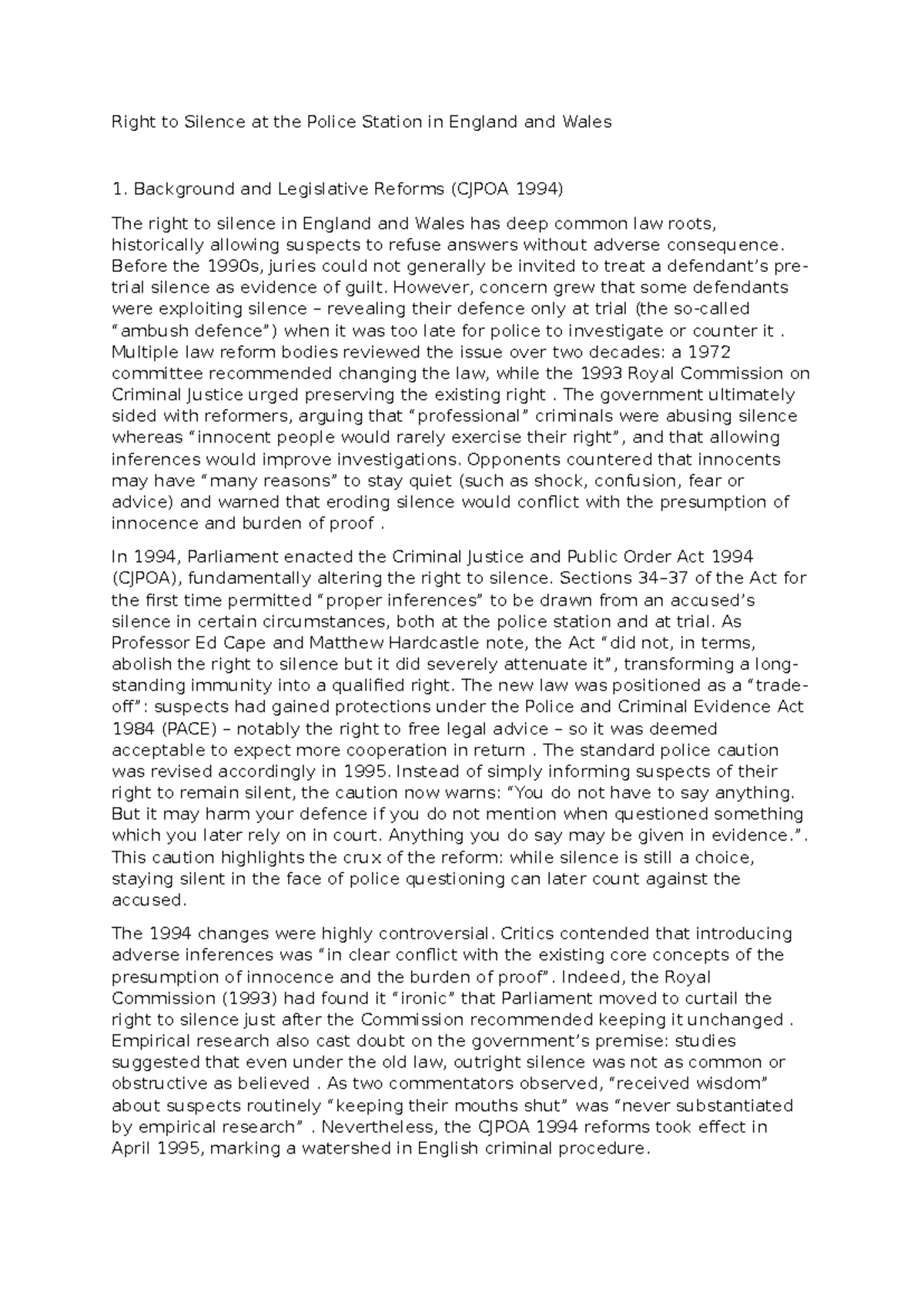 CJPOA 1994: The Right to Silence in England and Wales Explained - Studocu