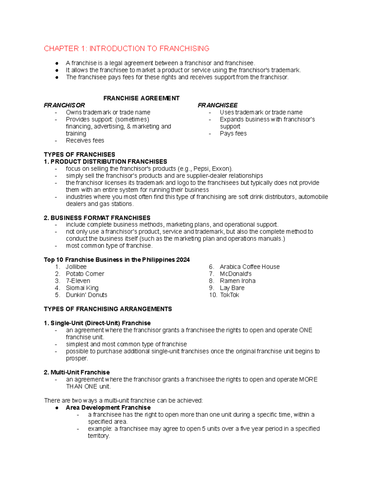 CHAPTER 1: INTRODUCTION TO FRANCHISING - REVIEWER - Studocu