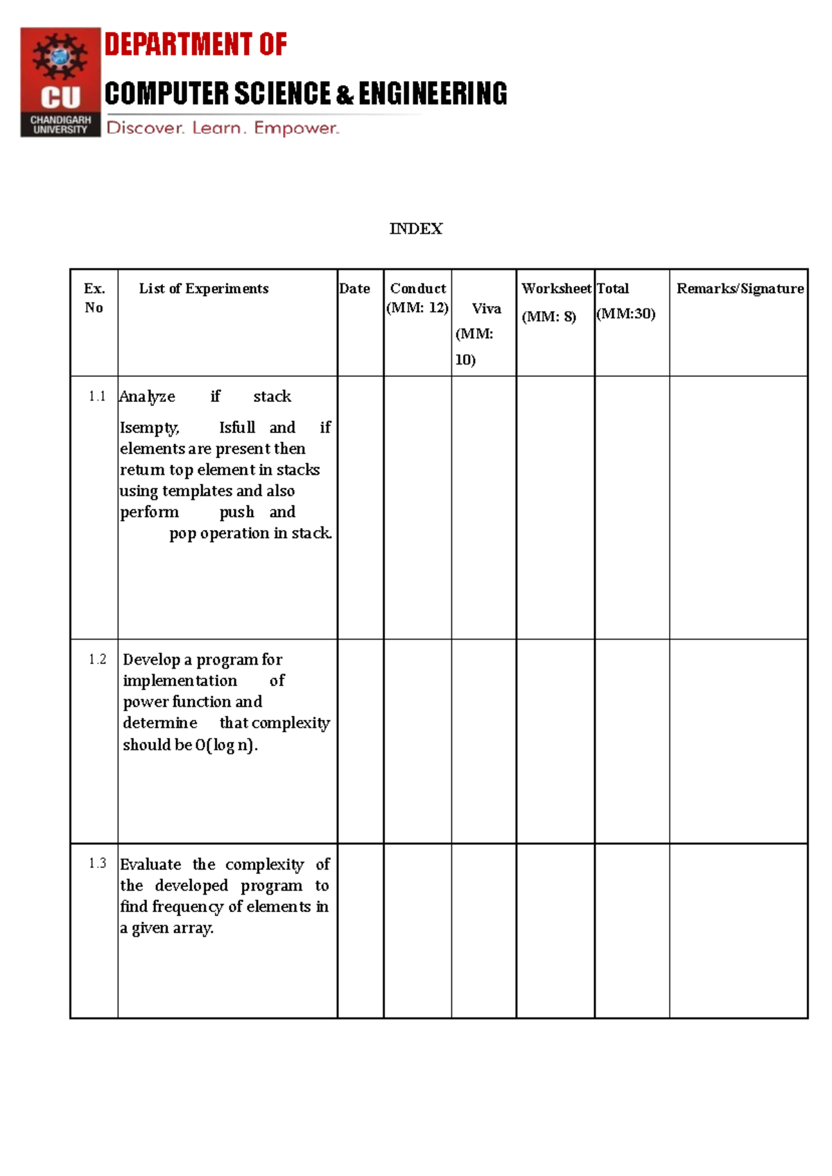 CSE 101: Index of Experiments and Worksheets for Lab Work - Studocu