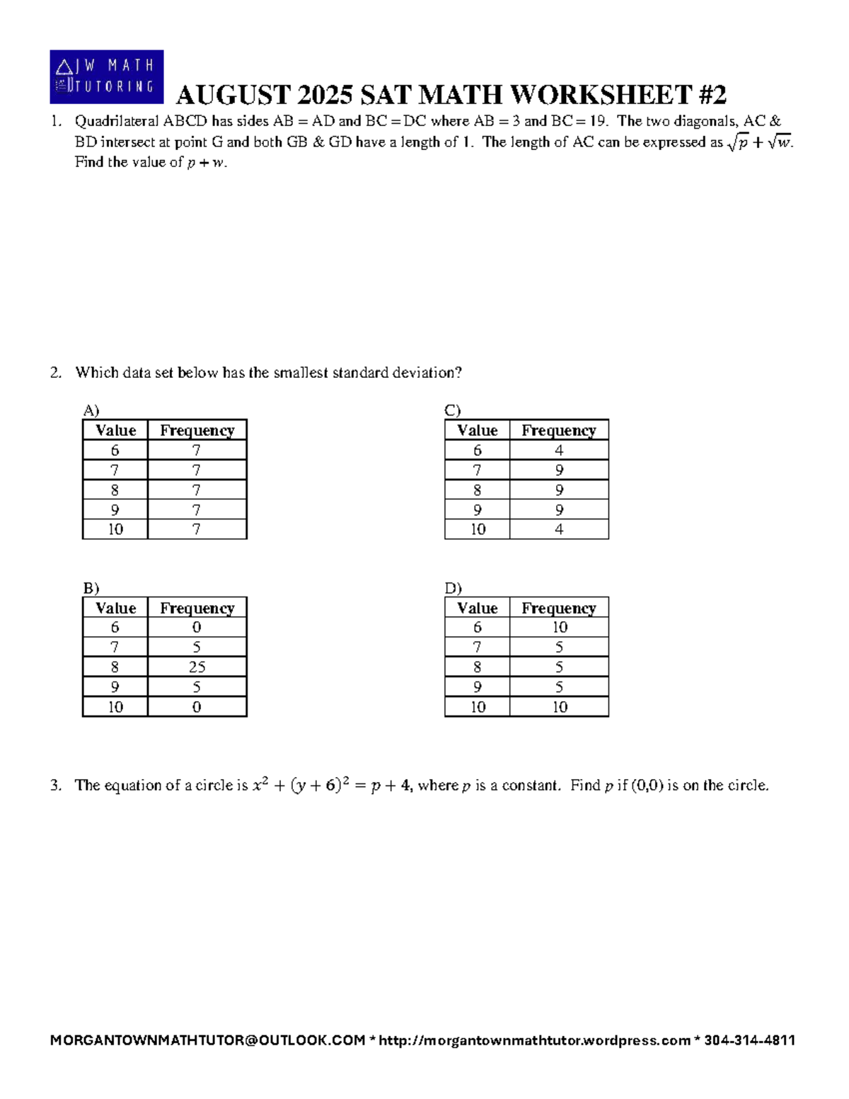 AUGUST 2025 SAT MATH WORKSHEET 1: Geometry & Statistics Problems - Studocu