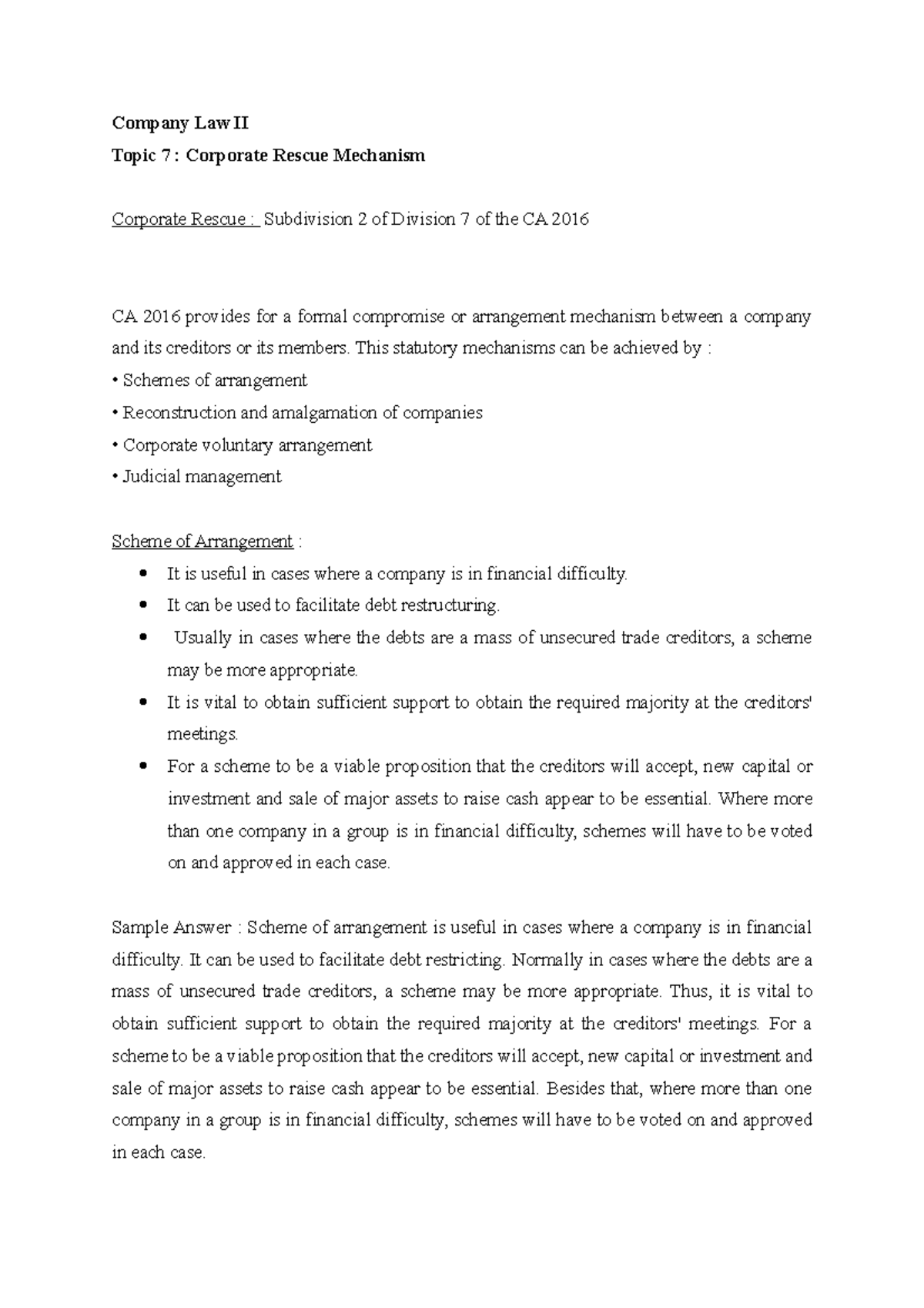 Corporate Rescue Mechanism Analysis (Company Law II - Topic 7) - Studocu