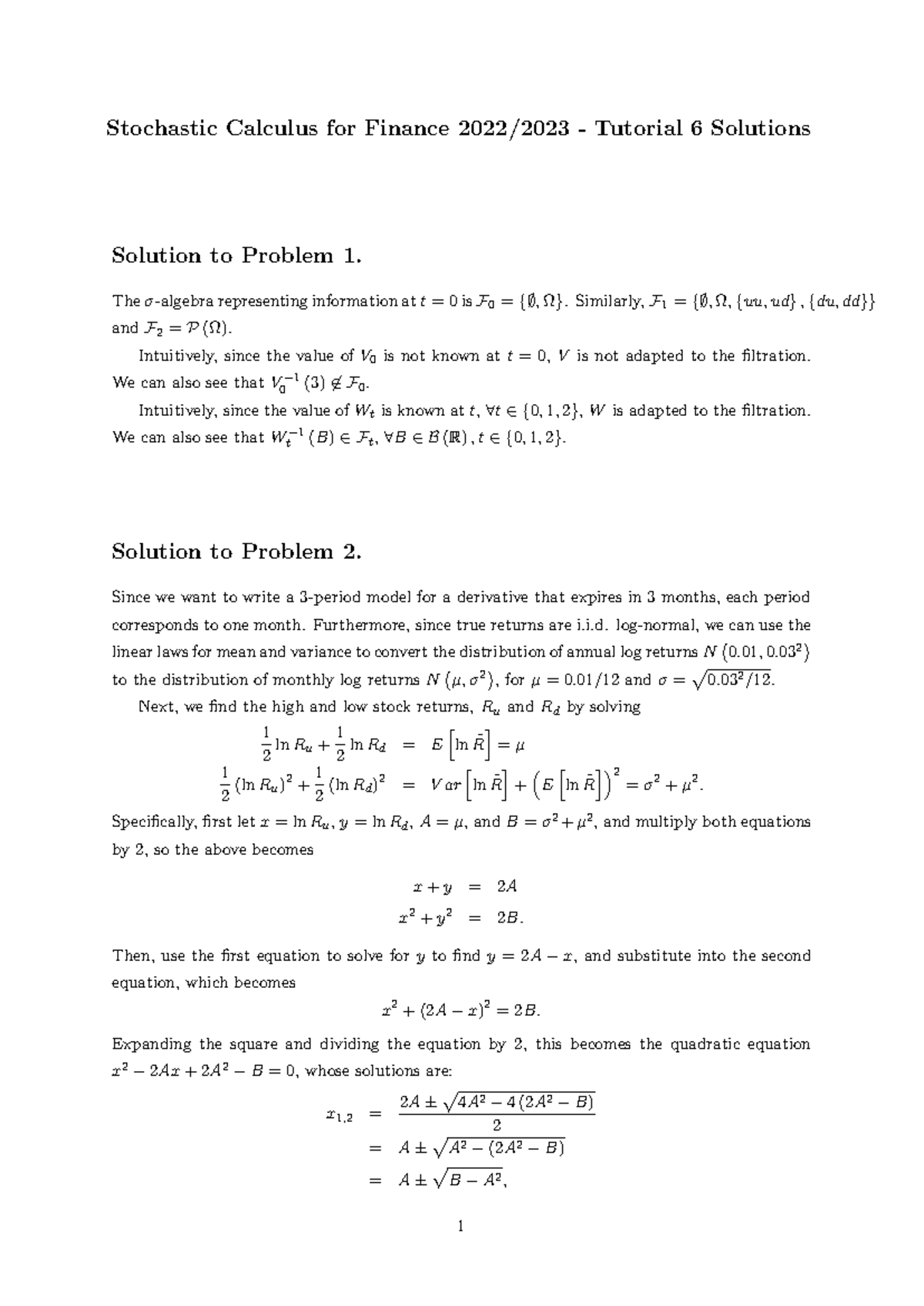Stochastic Calculus FIN-2022/2023: Tutorial 6 Solutions Overview - Studocu