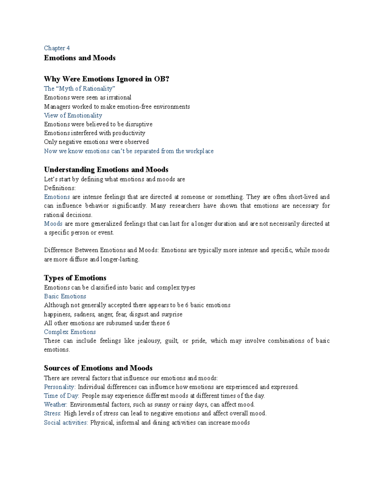 Emotions and Moods in Organizational Behavior - Chapter 4 Summary - Studocu