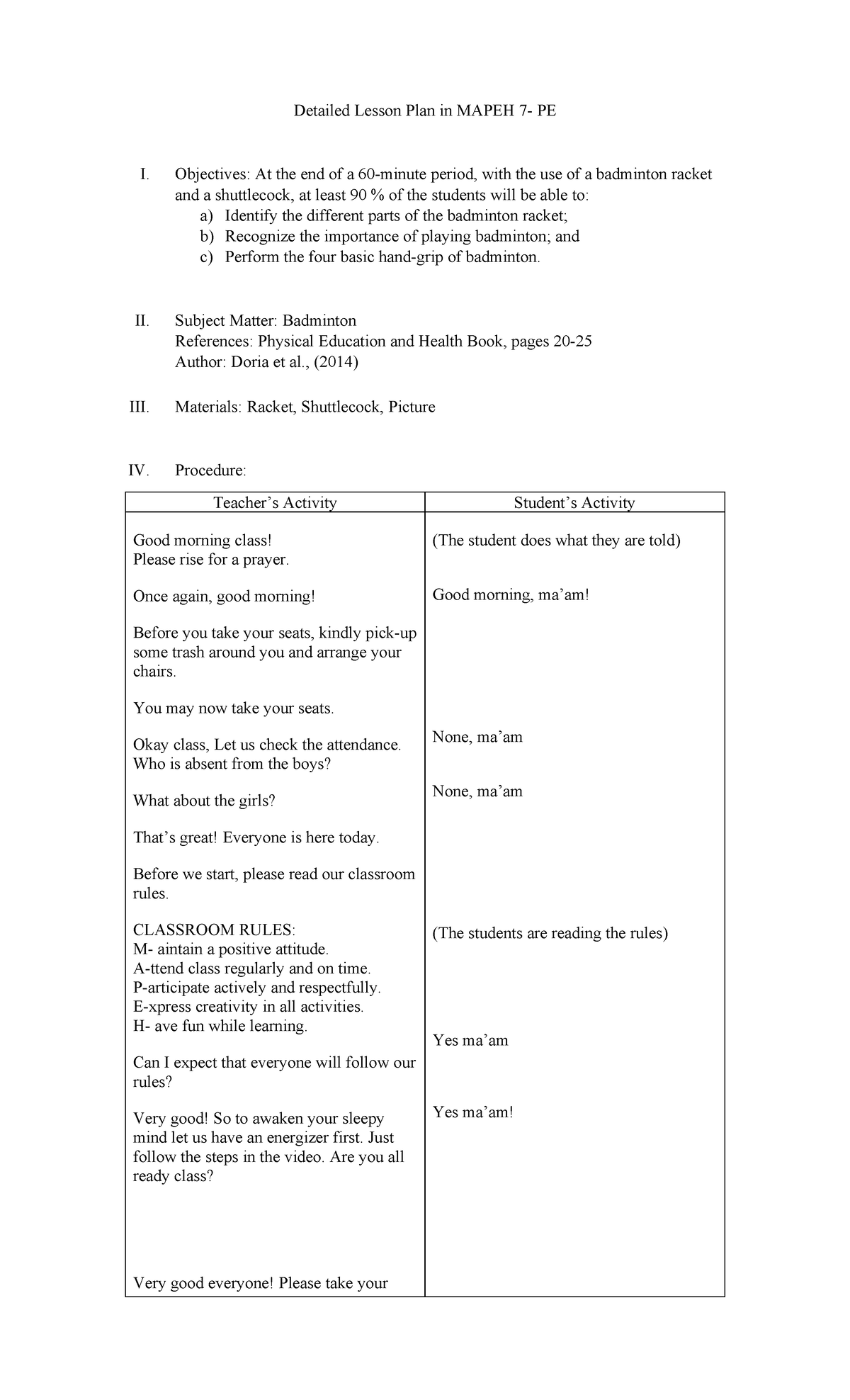 BPED208 Detailed Lesson Plan in Mapeh 7 - Detailed Lesson Plan in MAPEH ...
