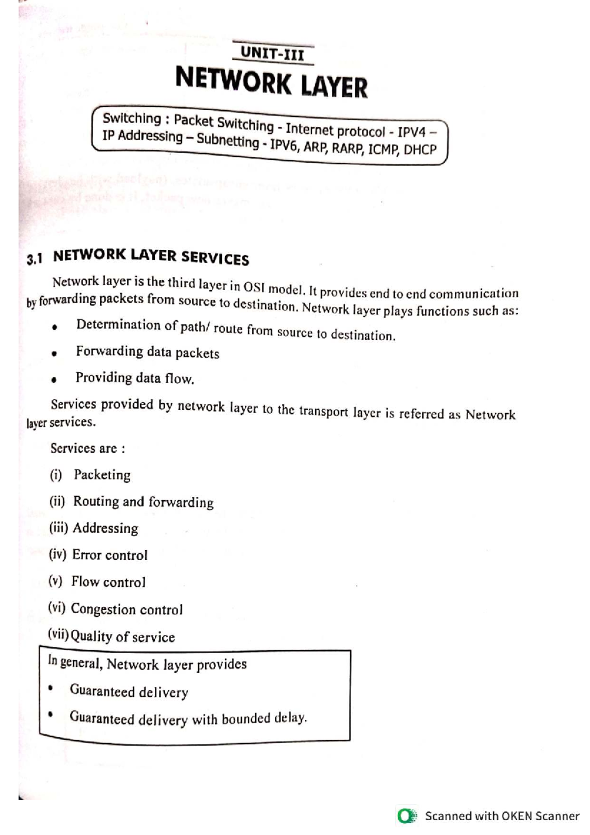 NETWORK LAYER: Packet Switching, IP Addressing, and Services (Unit 3 ...