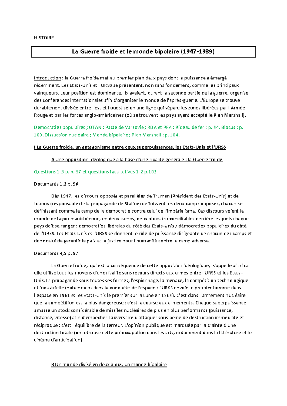 HISTOIRE 3èmes Fiche de Synthèse sur la Guerre Froide et le Monde ...