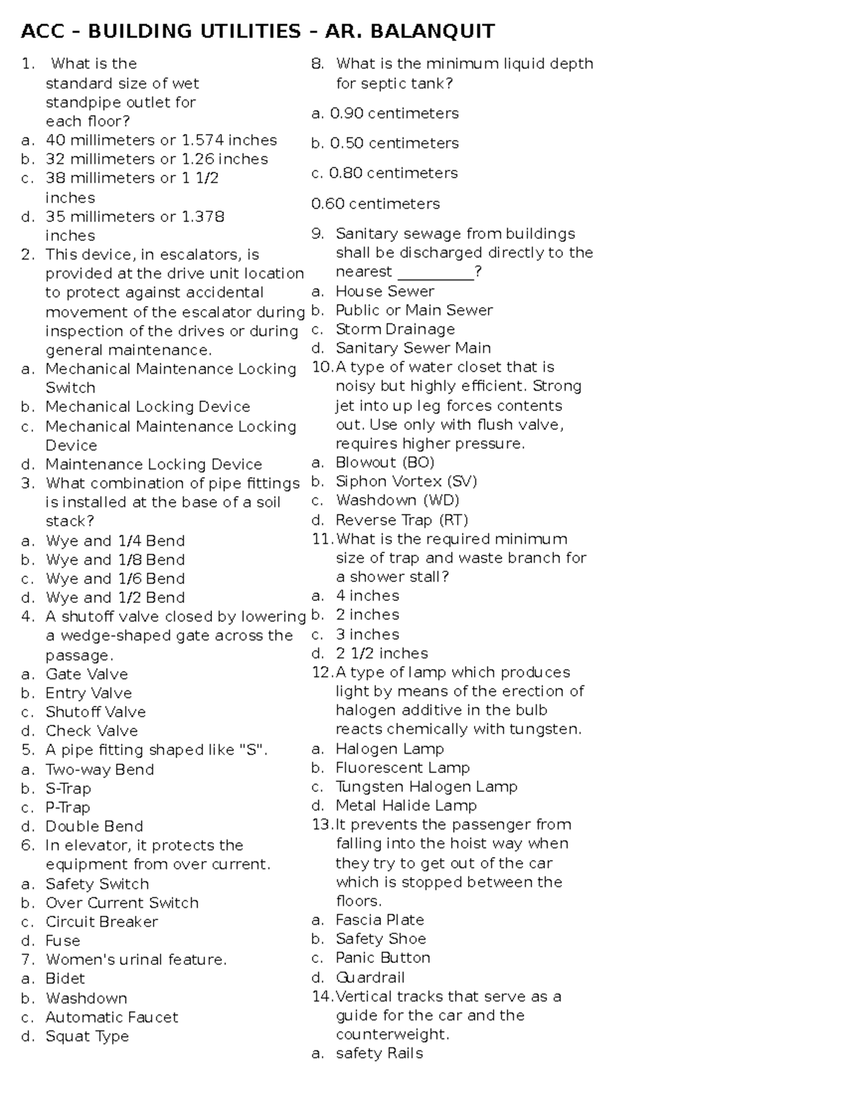 ACC - Building Utilities Reviewer: Key Concepts and Standards - Studocu