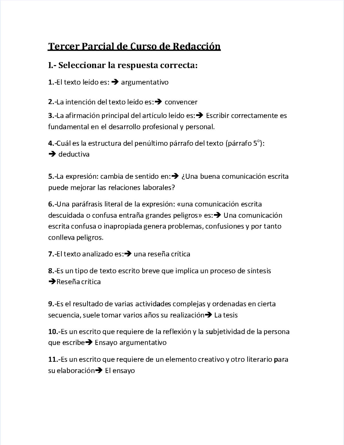 Tercer Parcial - Curso de Redacción (UTESA) - Preguntas y Respuestas