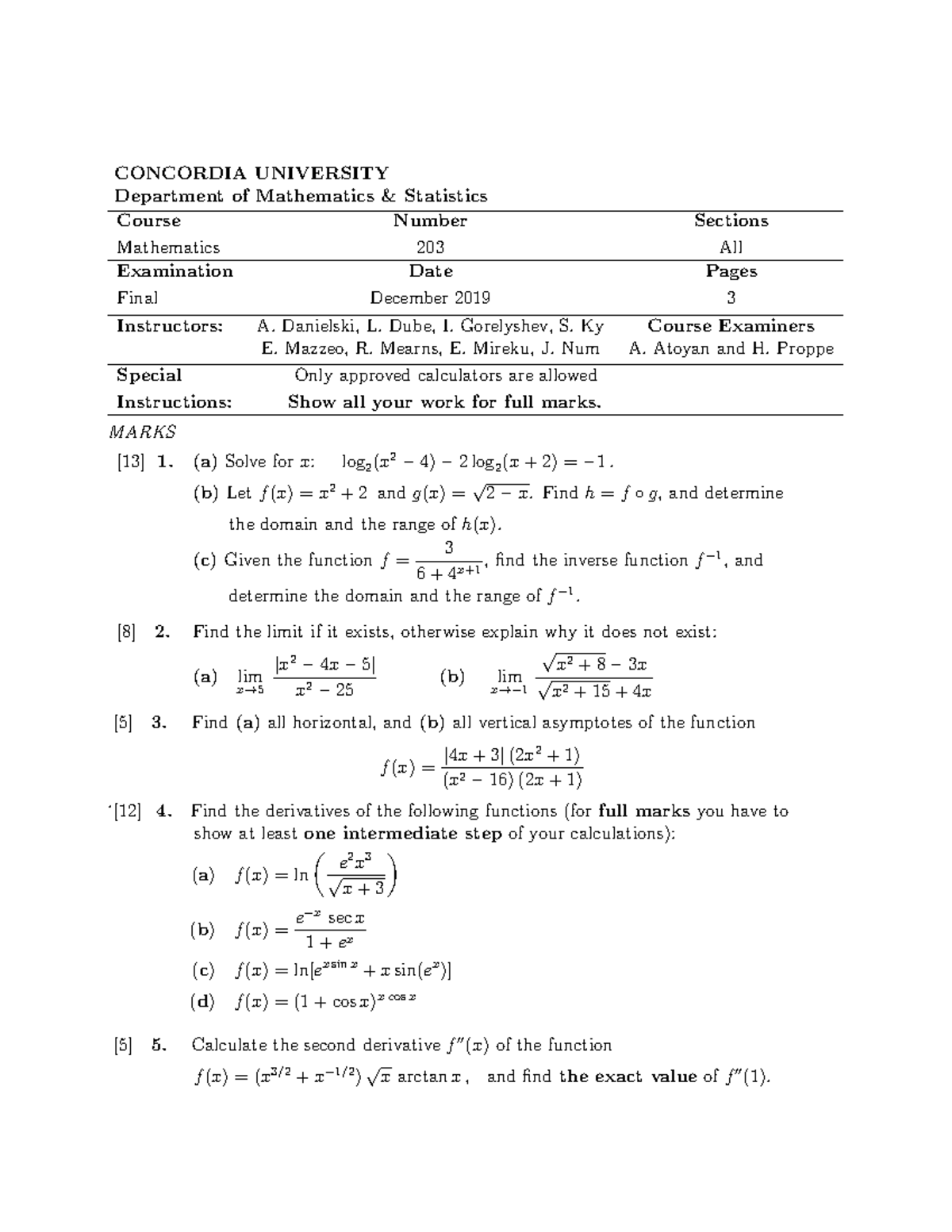 Math 203 Final Exam December 2019 - Concordia University - Studocu