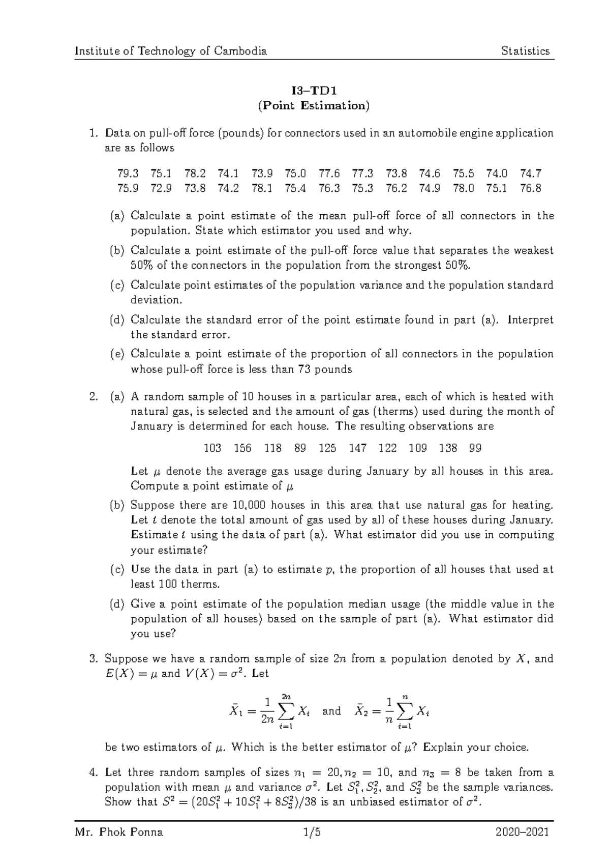 Point Estimation Exercises for Course STAT 301: Method of Moments - Studocu